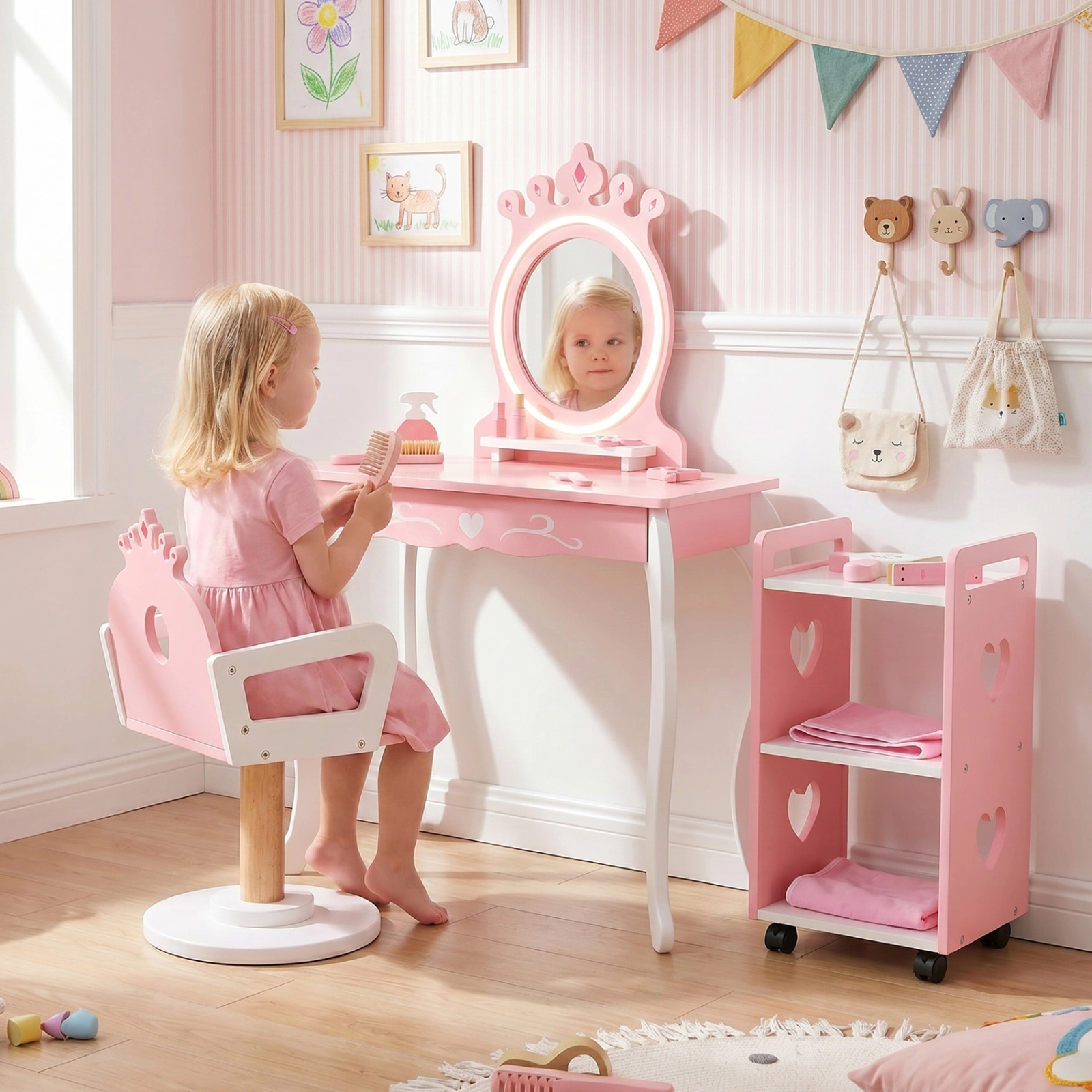 SUGIFT Kids Hair Salon Playset, Pink and White Vanity with Lighted Mirror, Swivel Chair and Rolling Trolley