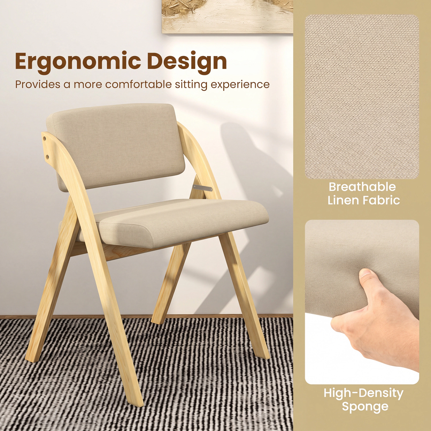 LJG Set of Folding Kitchen Dining Chairs with Rubber Wood Legs