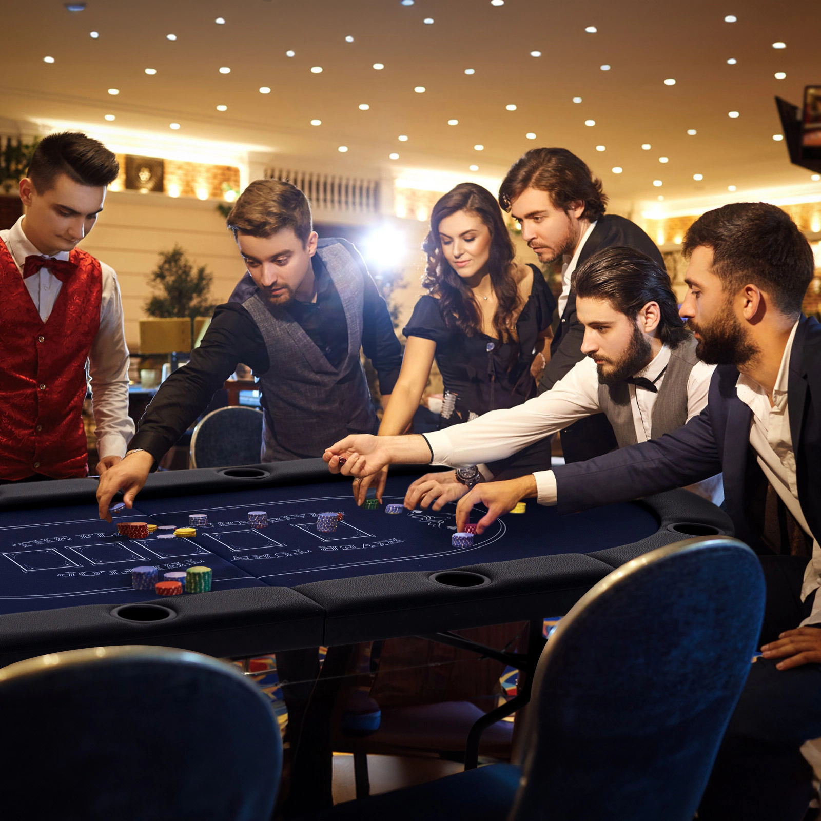 SUGIFT Blue 8-Player Oval Foldable Poker Table with Padded PU Leather Railings 72-in W 32.5-in D 29-in H