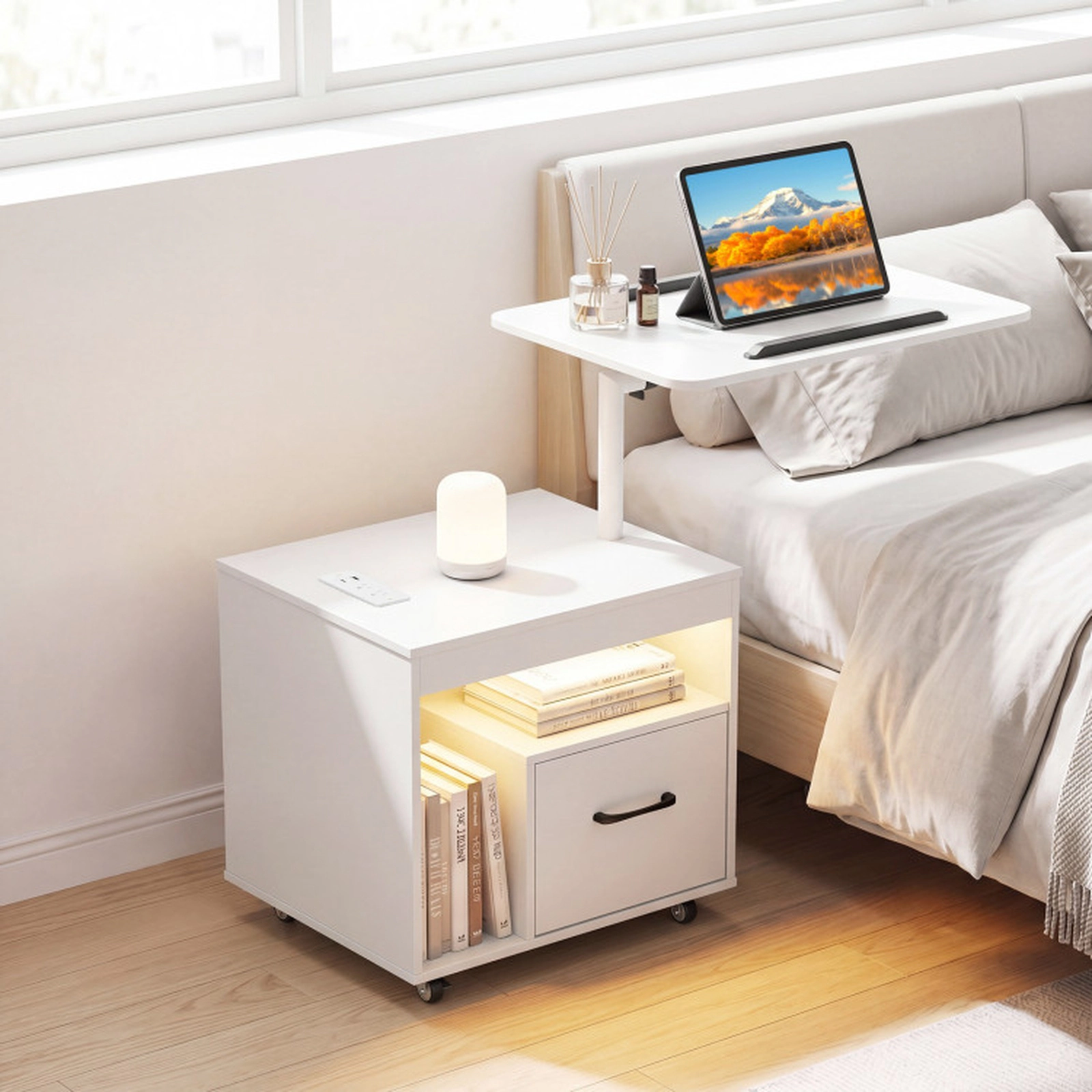 SUGIFT LED Nightstand with Power Outlets Flip Over & Rotatable Tabletop Bedside Table with Drawer & Storage Shelf White