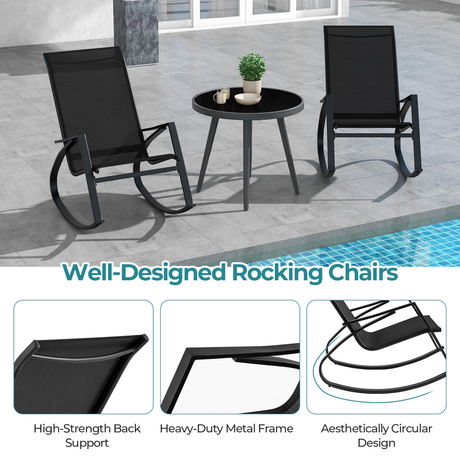 SUGIFT Set of 2 330-lb Capacity Black Sling Fabric Outdoor Patio Rocking Chairs with Curved Backrest