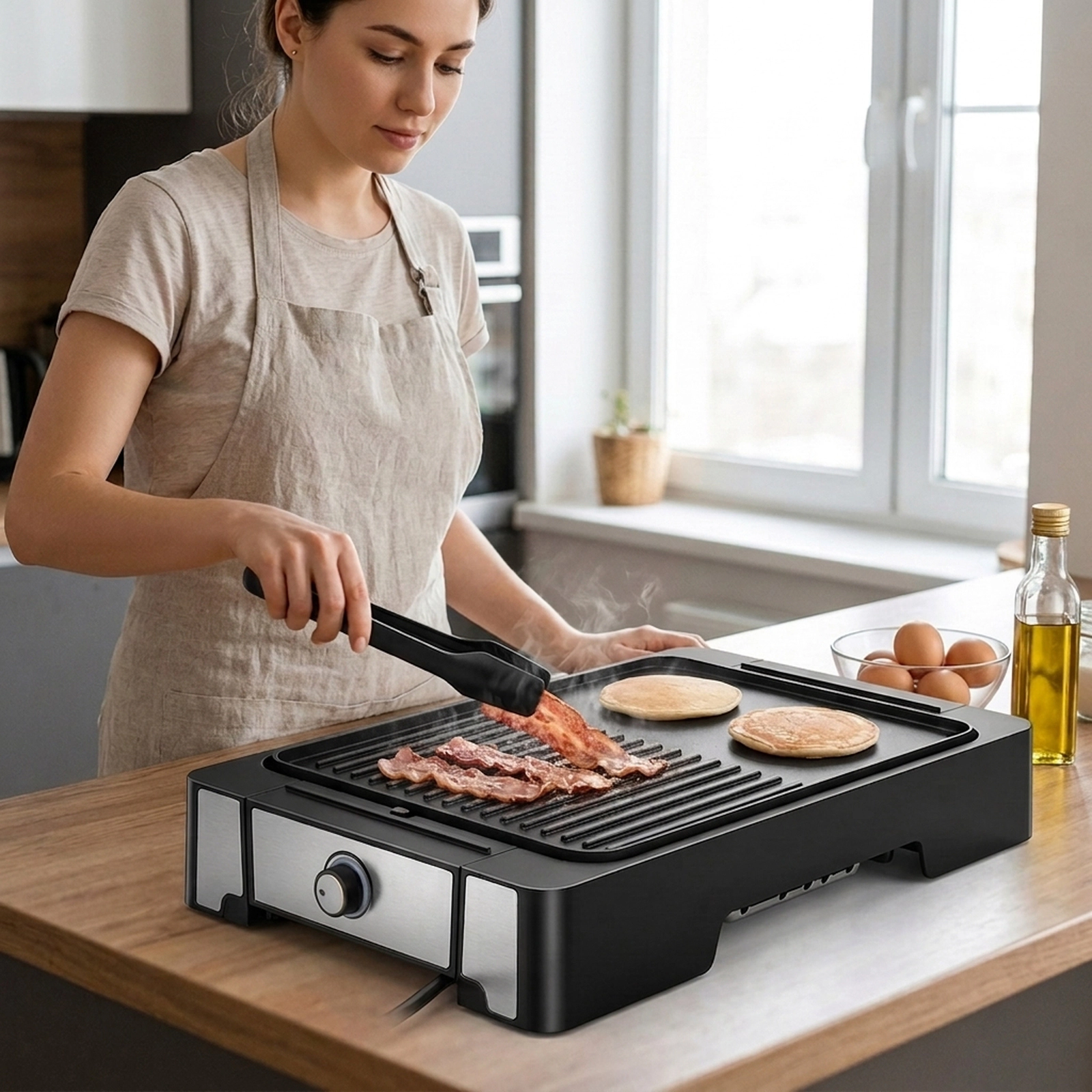 SUGIFT Black 2300W Indoor Electric Grill and Griddle with Nonstick Die Cast Aluminum Ribbed Flat Surface
