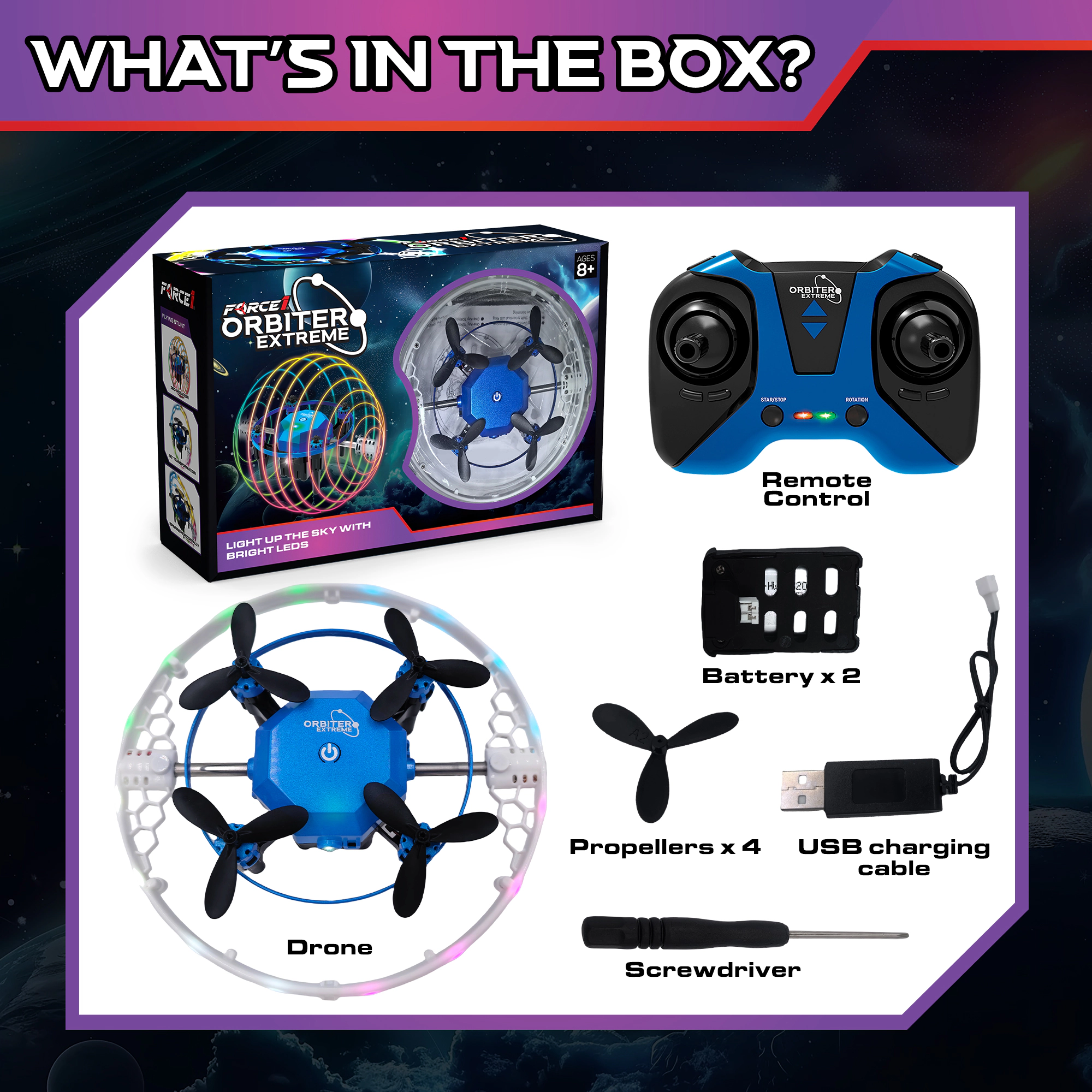 Force1 Obiter Extreme RC Aerial Drone with 360 Spins, Stunts, Bright LEDs, Brushless Motors, Toy for Kids & Adults