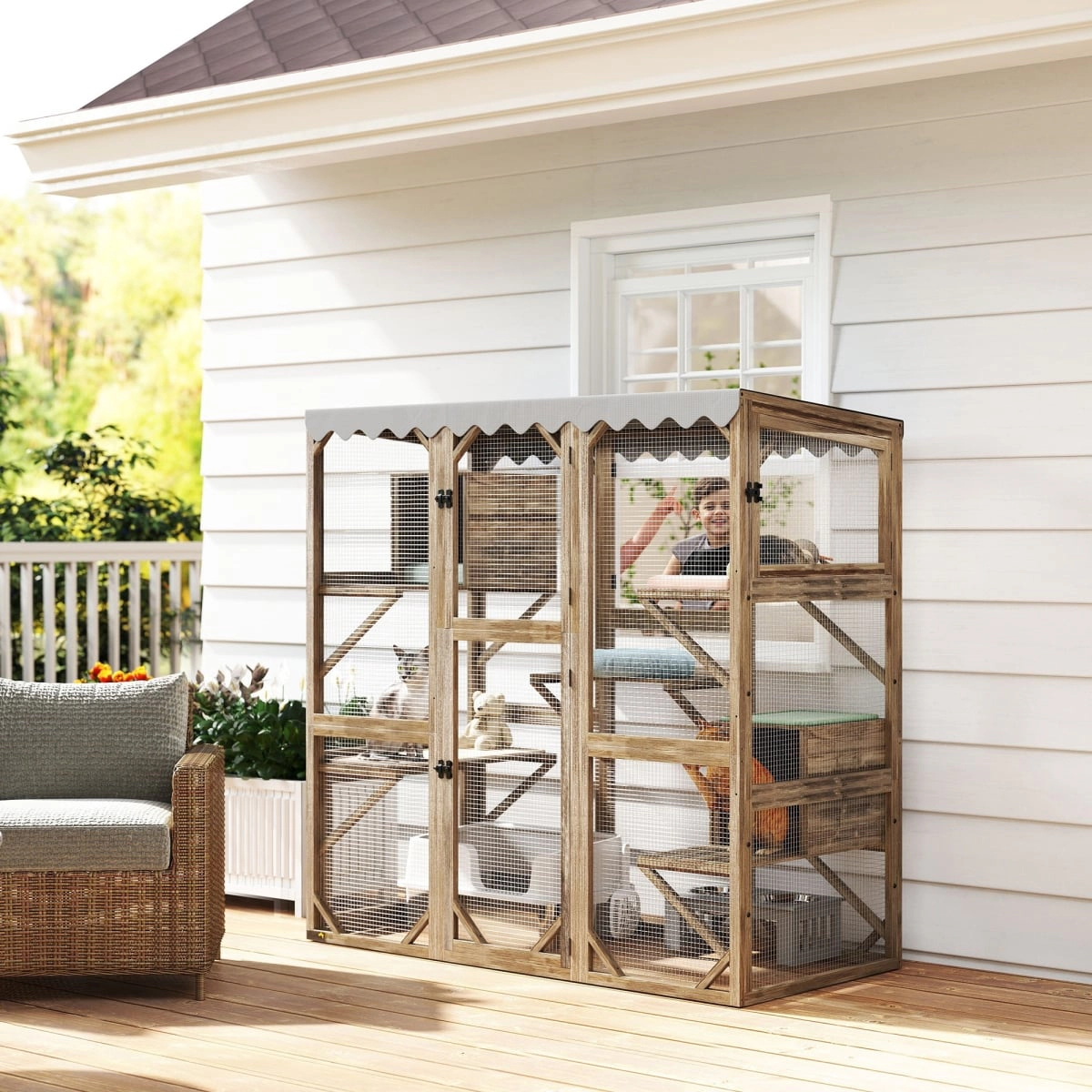 212 Main PawHut Outdoor Cat Enclosure with Window Access - 5 Platforms & 2 Resting Boxes - Waterproof Roof, Brown