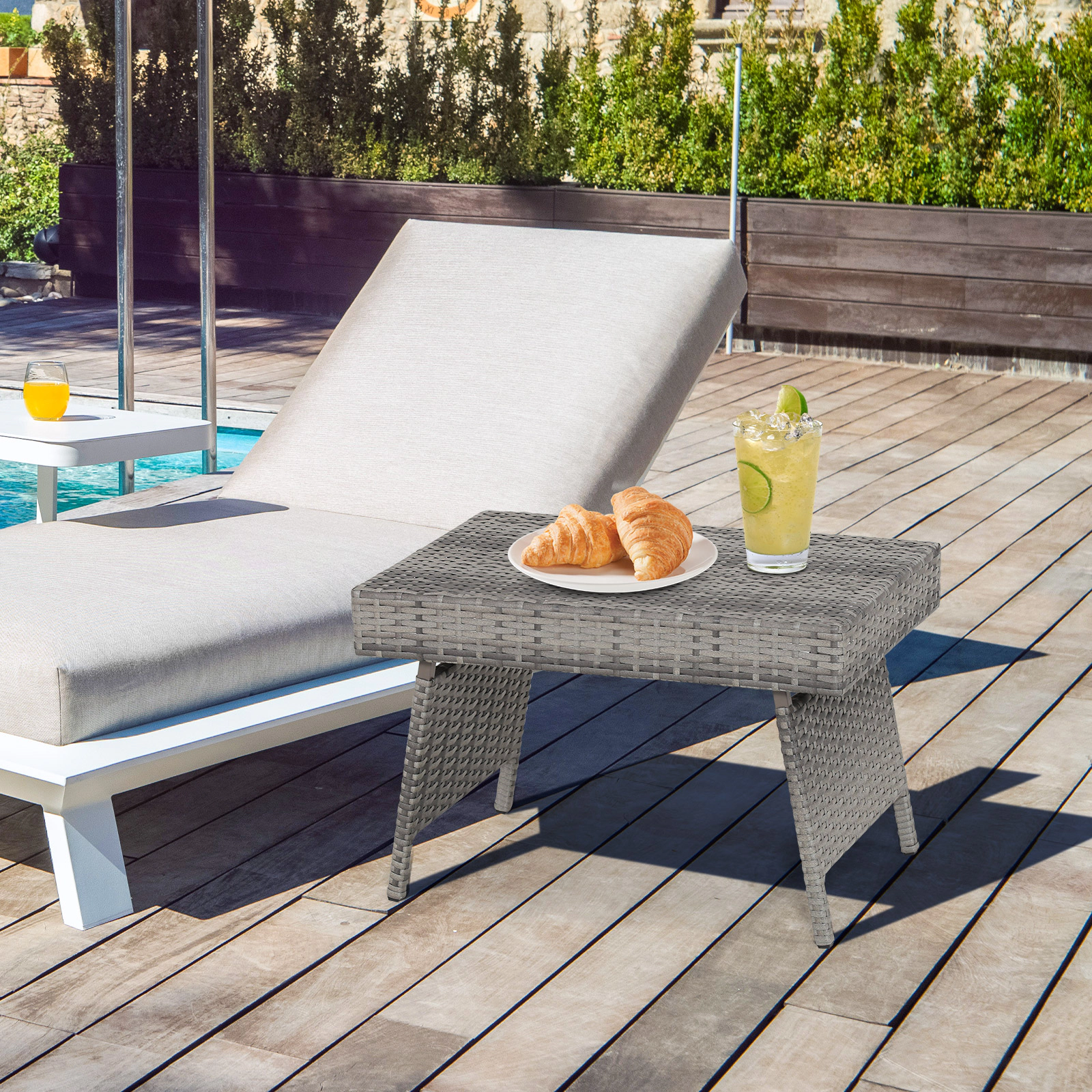 SUGIFT Gray Folding PE Rattan Outdoor Side Table, 23.5 in