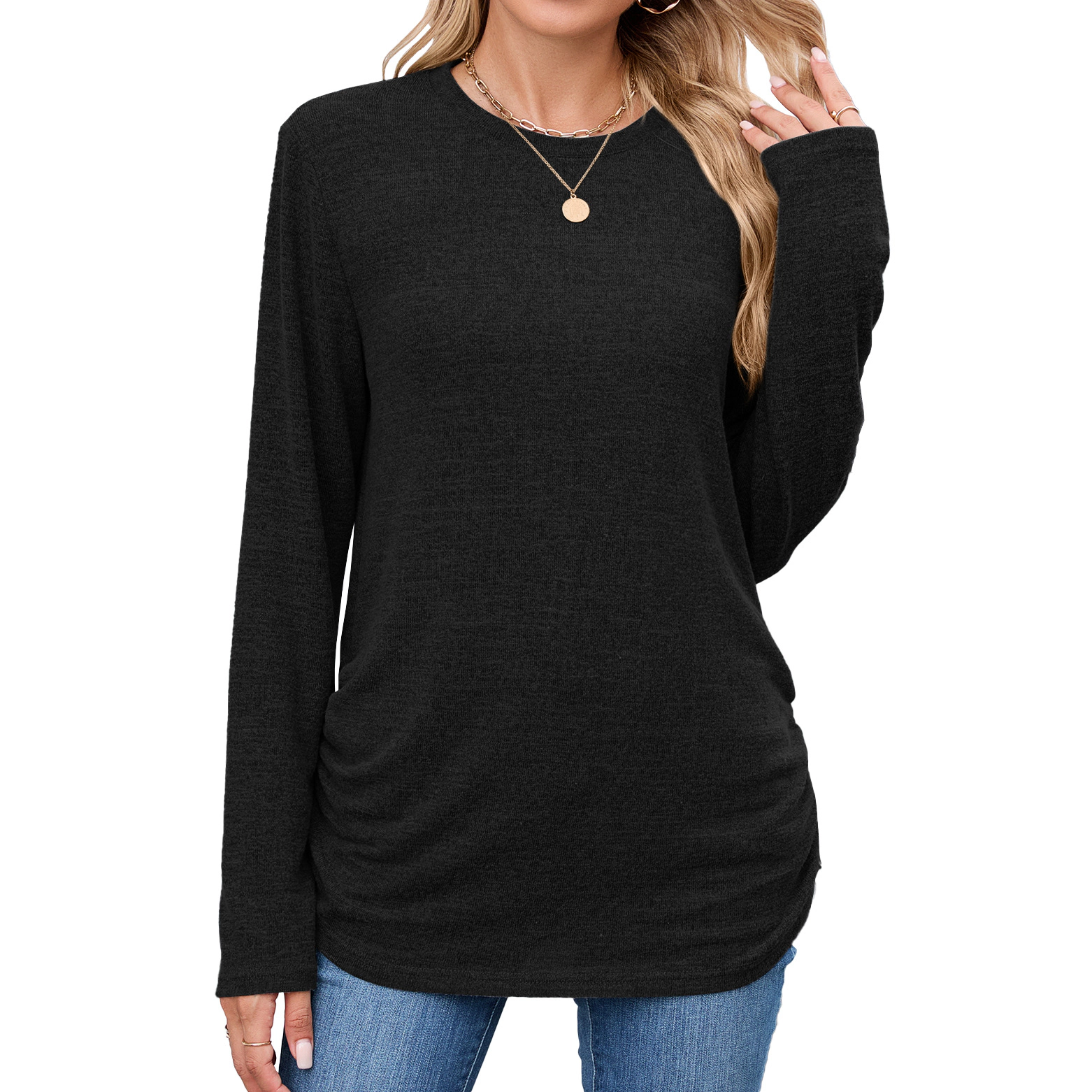 Enchanted Funland Women's Casual Long Sleeve Crewneck Solid Color Outfits Blouses