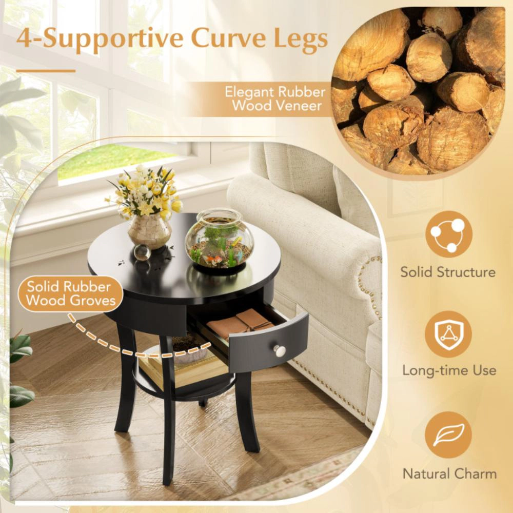 Hivvago 2-Layer Wooden Round Side Table with Open Storage Drawer