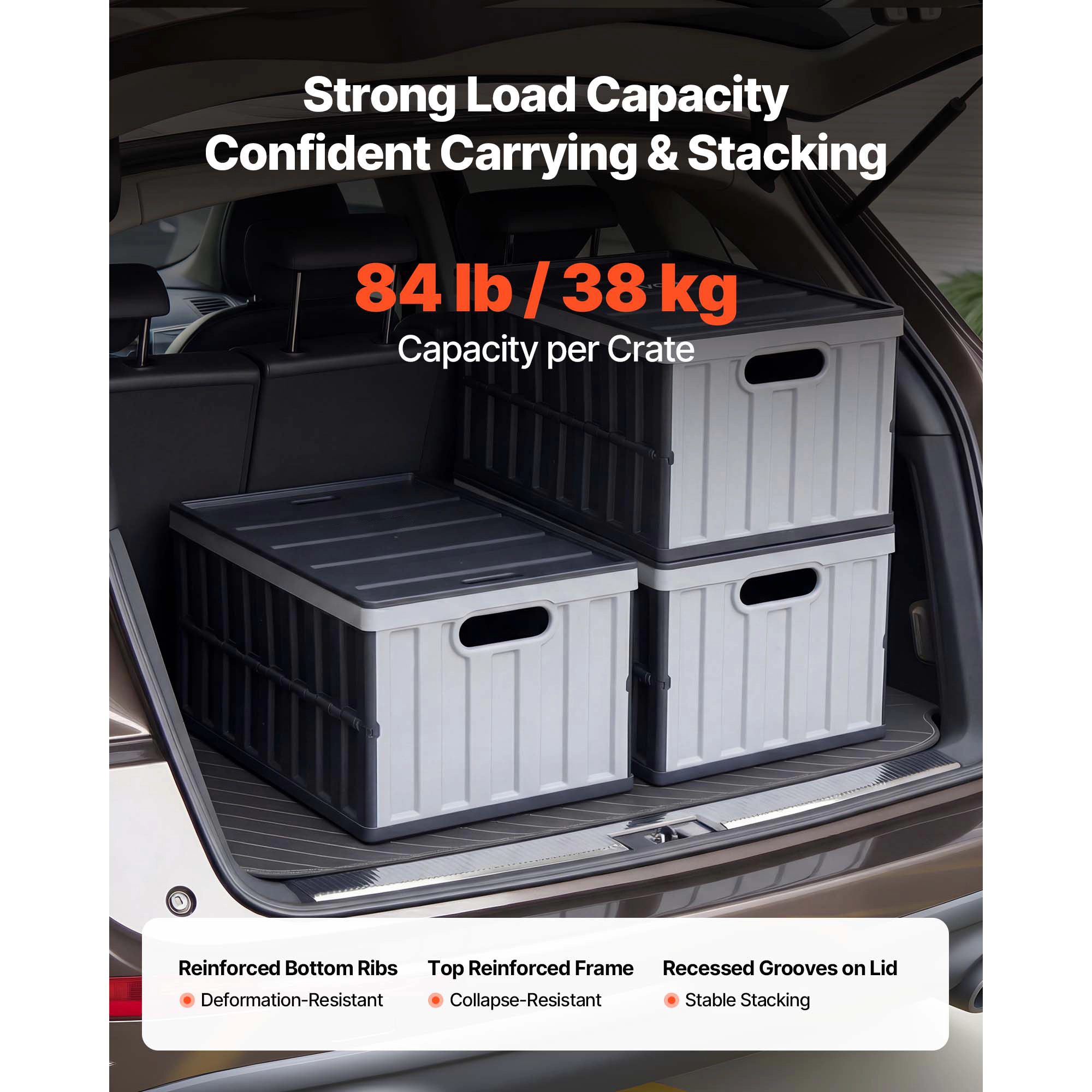 HONGGE Plastic Collapsible Storage Bins with Lids 65L Stackable Folding Storage Crates with Handles Holds 84 lbs Per