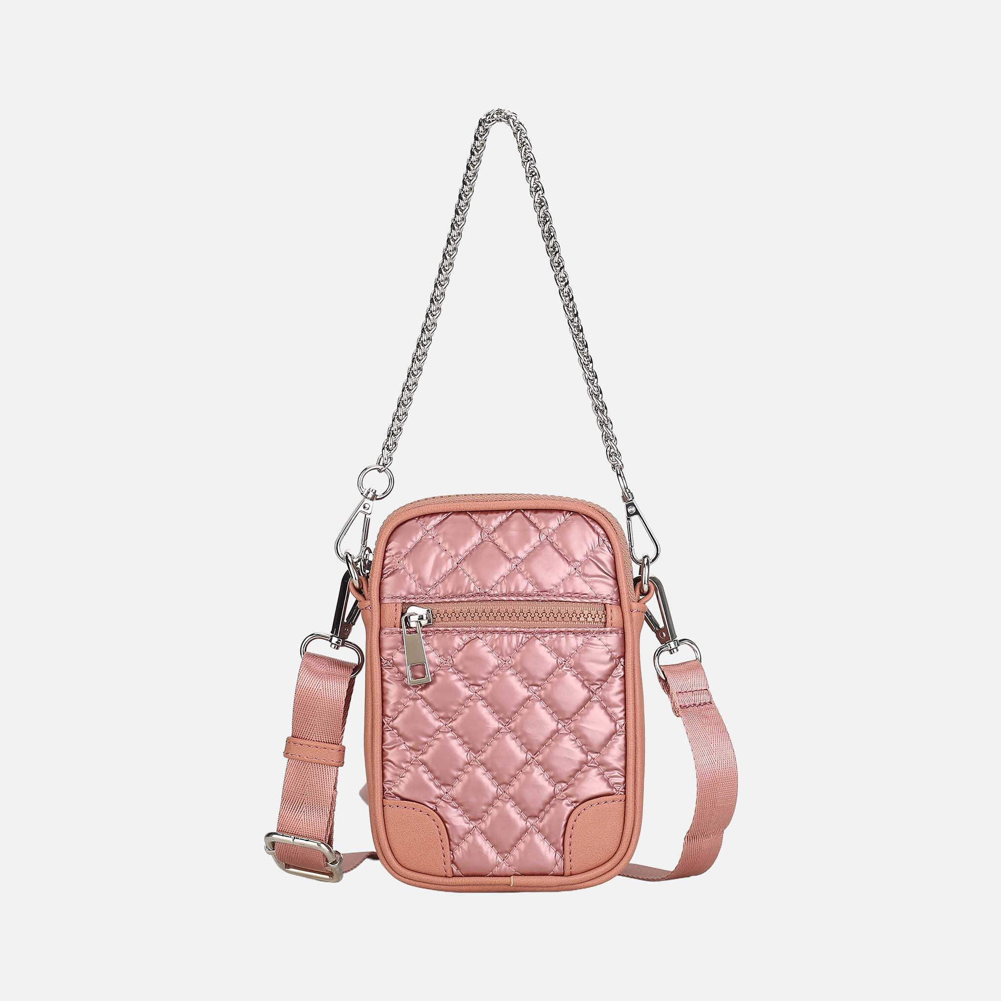 Mia K Collection Betty Compact Smartphone Crossbody Bag - Quilted Metallic Nylon with Vegan Leather