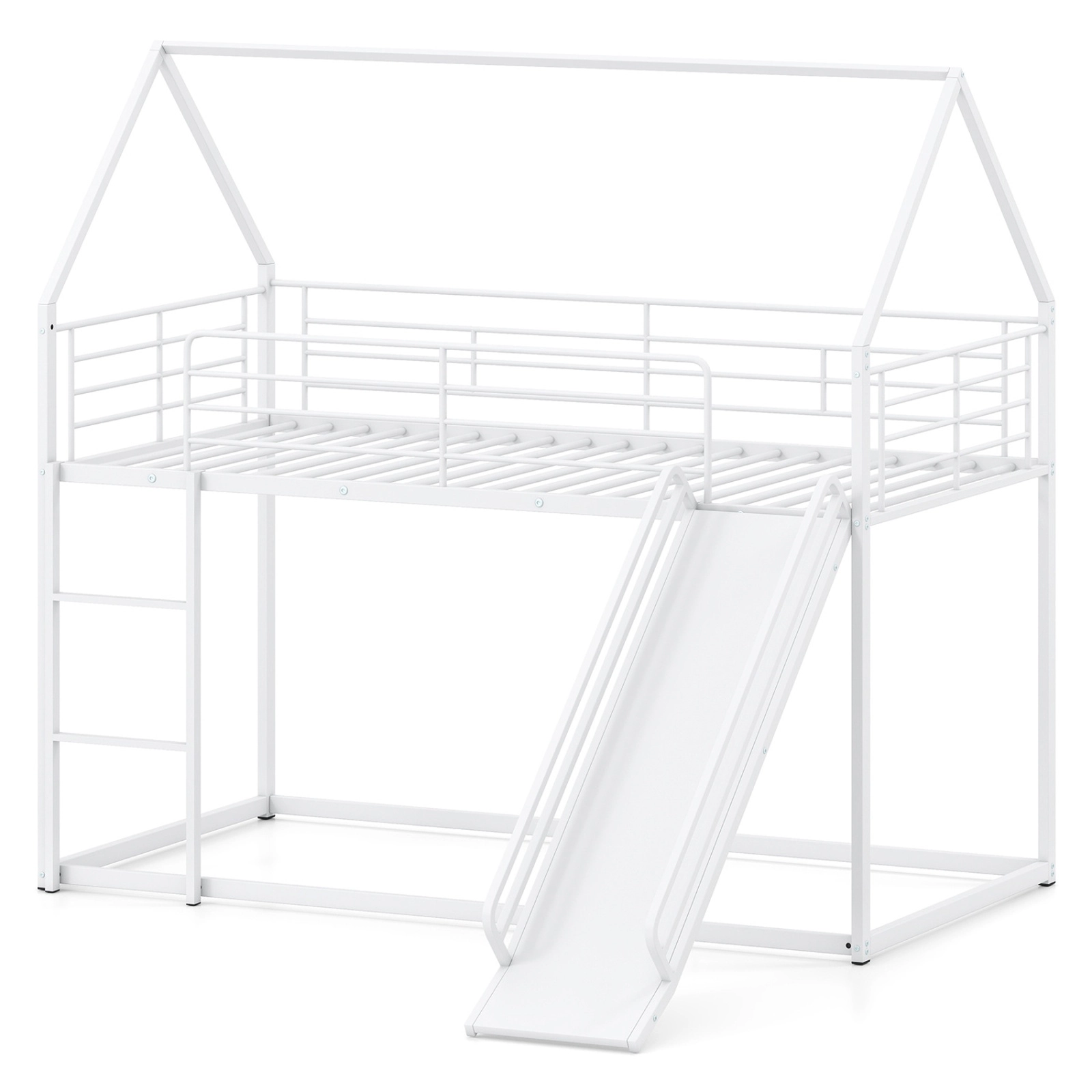 SUGIFT White Slide and Guardrails House-Shaped Metal Twin Over Twin Kids Low Bunk Bed