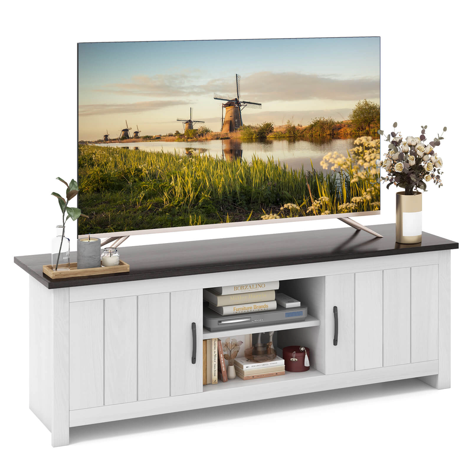 Glintex 57-Inch TV Stand with 2 Cabinets and Open Shelves