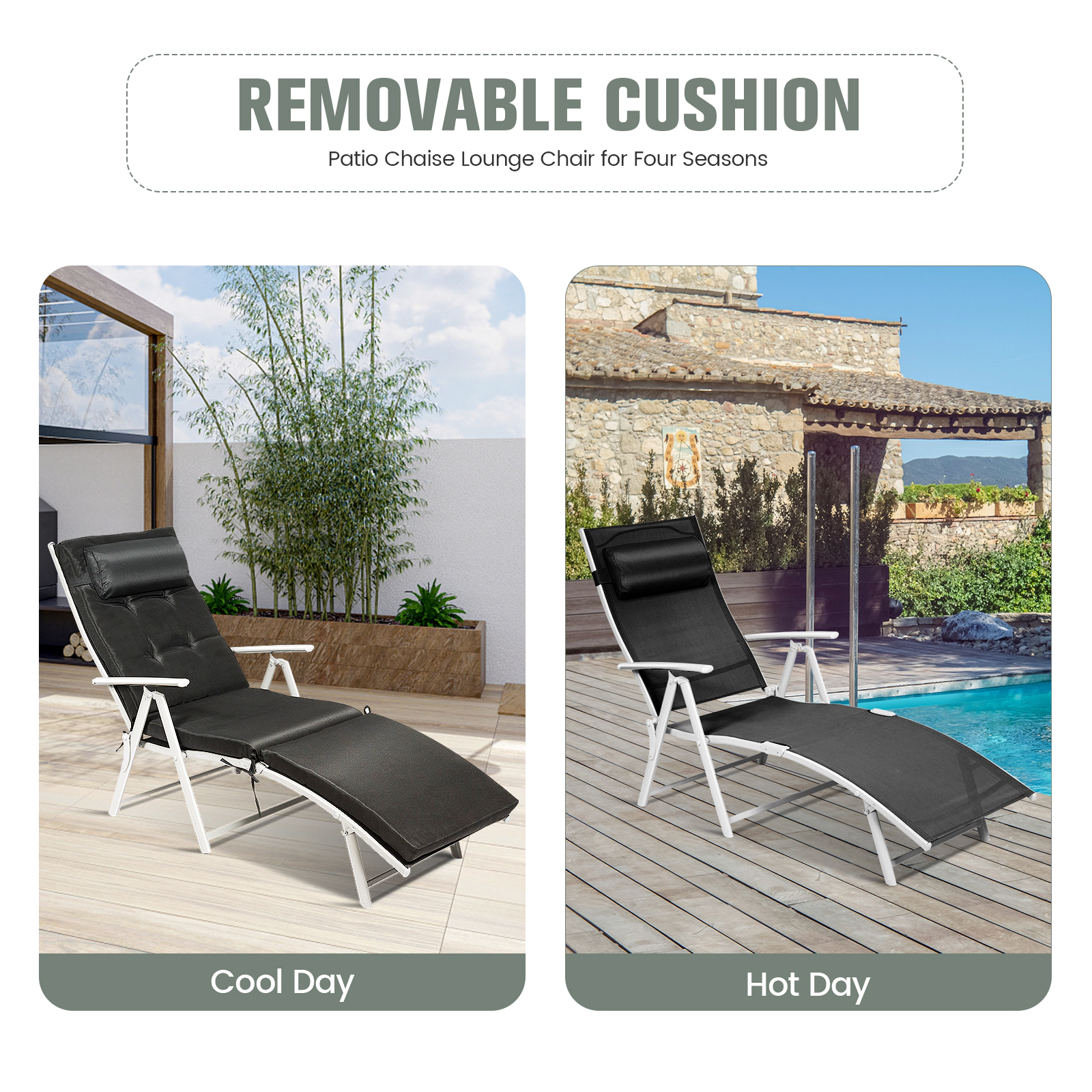 SUGIFT Adjustable 7-Position Outdoor Folding Chaise Lounge Chair with Pillow 330-lb Capacity Black