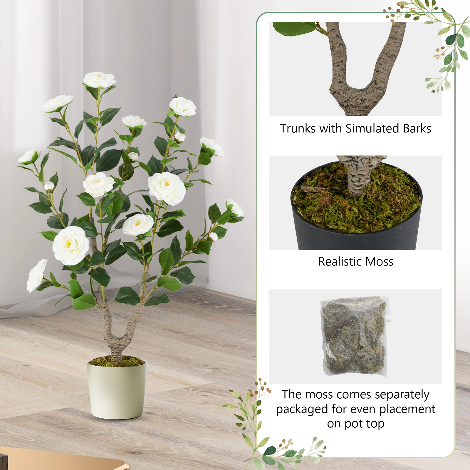 SUGIFT 36-in Artificial Camellia Tree with Blooming Flower 1-Pack Decorative Potted Plant 36-in Tall White and Green