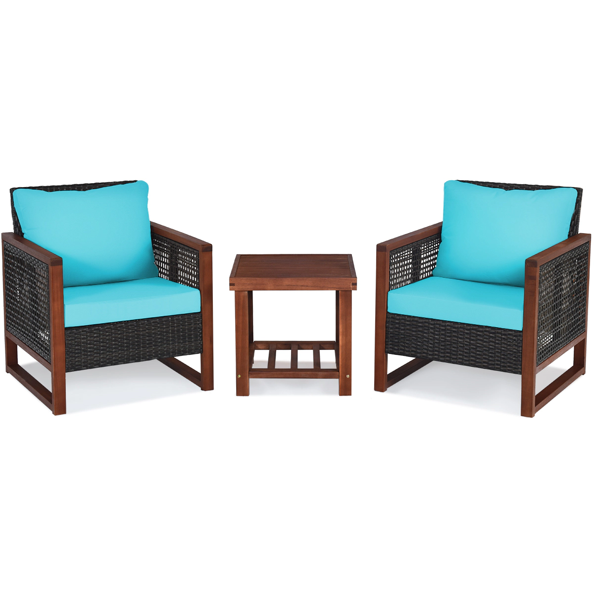 SUGIFT Turquoise 2-Shelf Coffee Table 3-Piece Acacia Wood and Rattan Patio Chair Set