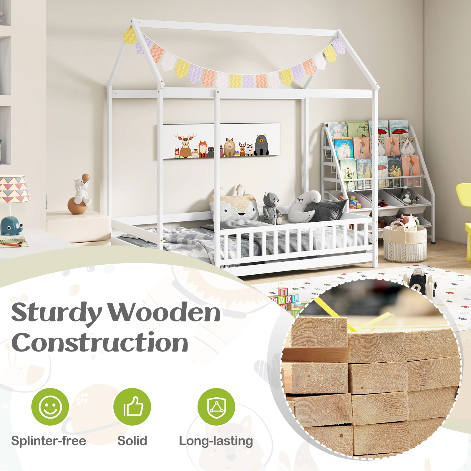 SUGIFT Twin Size White Pine Wood Kids House Floor Bed with Roof 12-in Full Length Guardrail and Doorway