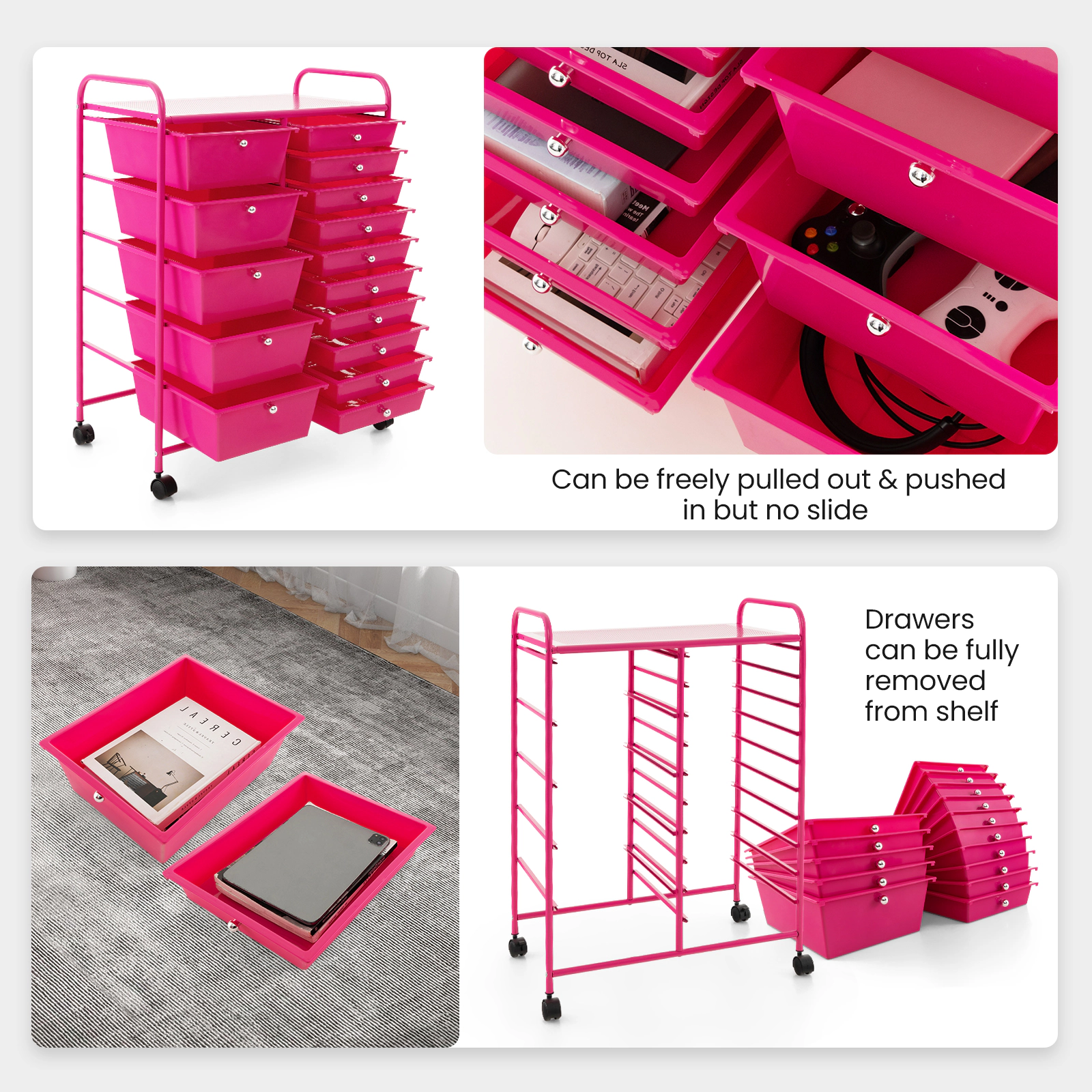 SUGIFT 15-Drawer Rolling Utility Organizer Cart with Removable Plastic Drawers 22-lb Top Capacity Pink