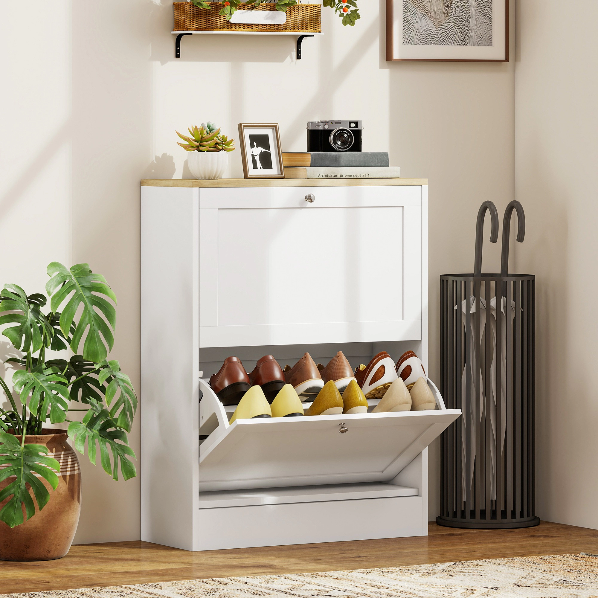 HONGGE Slim Shoe Storage Cabinet with 2 Flip Drawers and Adjustable Shelves for 8-12 Pairs, White