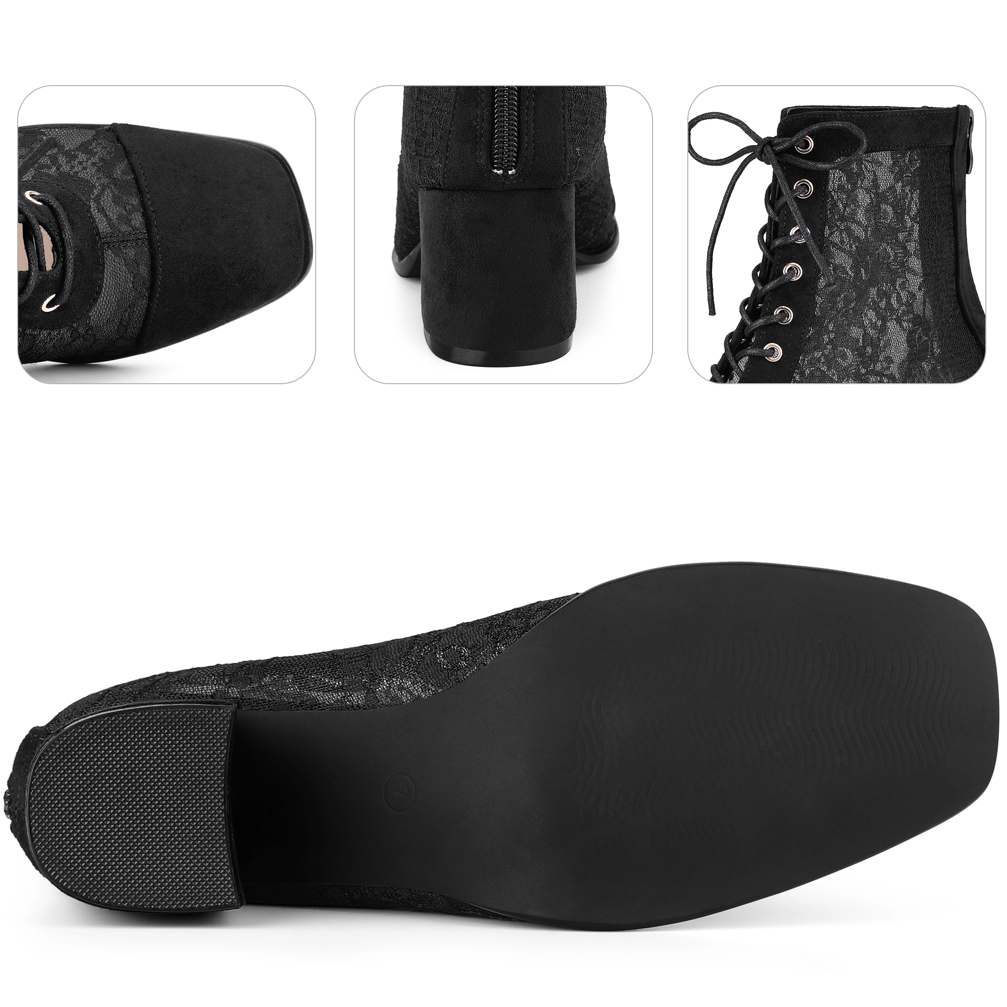 BLISSFUL STEP Women Floral Lace Square Toe Up Block Heels Ankle Boots