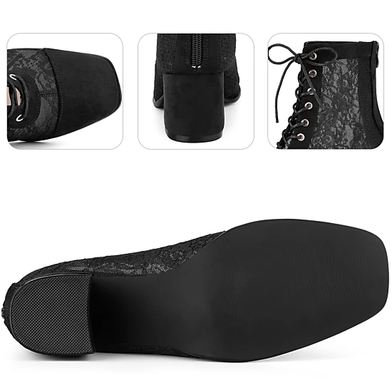 BLISSFUL STEP Women Floral Lace Square Toe Lace Up Block Heels Ankle ...