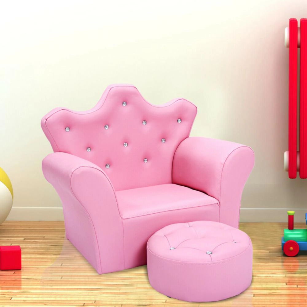 Hivvago Children Upholstered Princess Sofa With Ottoman And Diamond Decoration For Boys And Girls