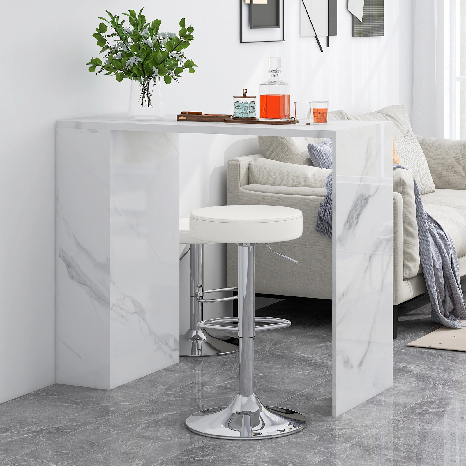 Glintex 2-Piece Round Adjustable Swivel Bar Stool Set with Chrome Footrest, White