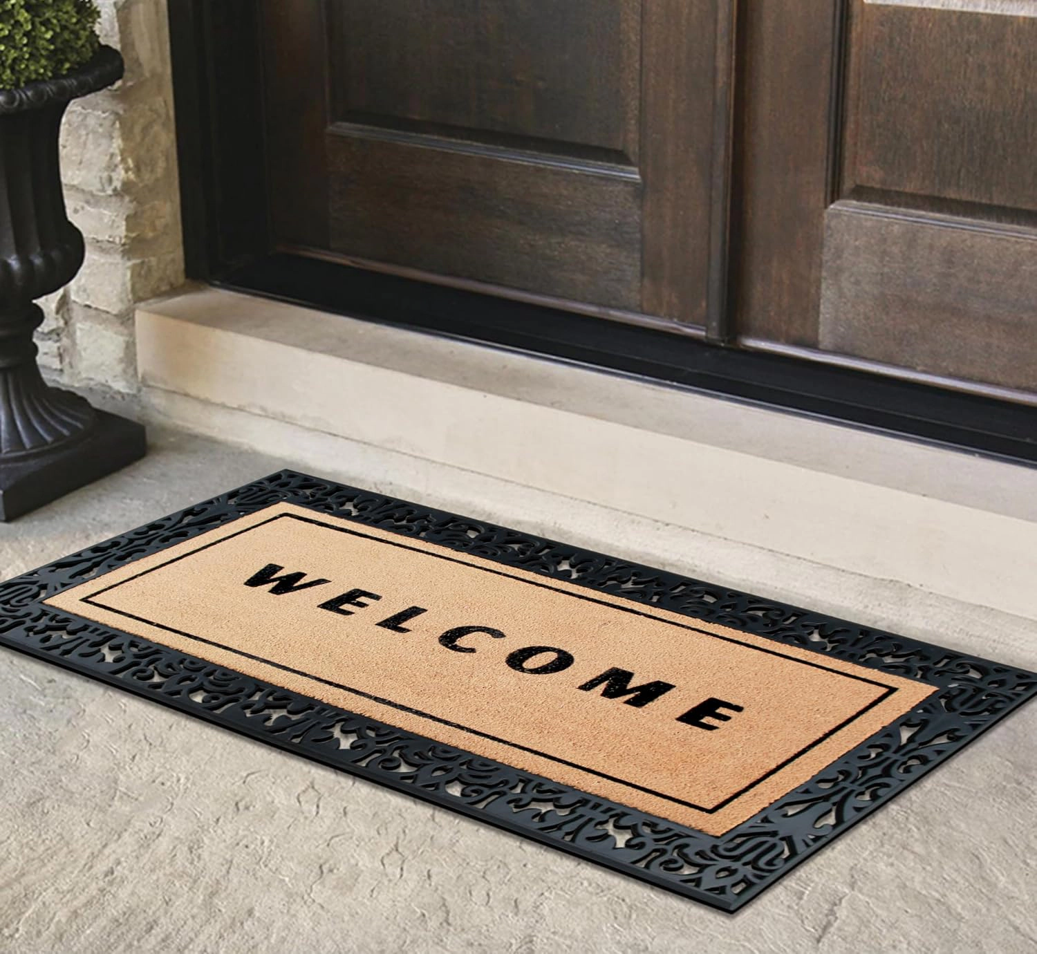 A1HC Coir Flocked Door Mat 30x60 Inches Heavy Duty Non-Slip Durable Flock Welcome Paisley Border