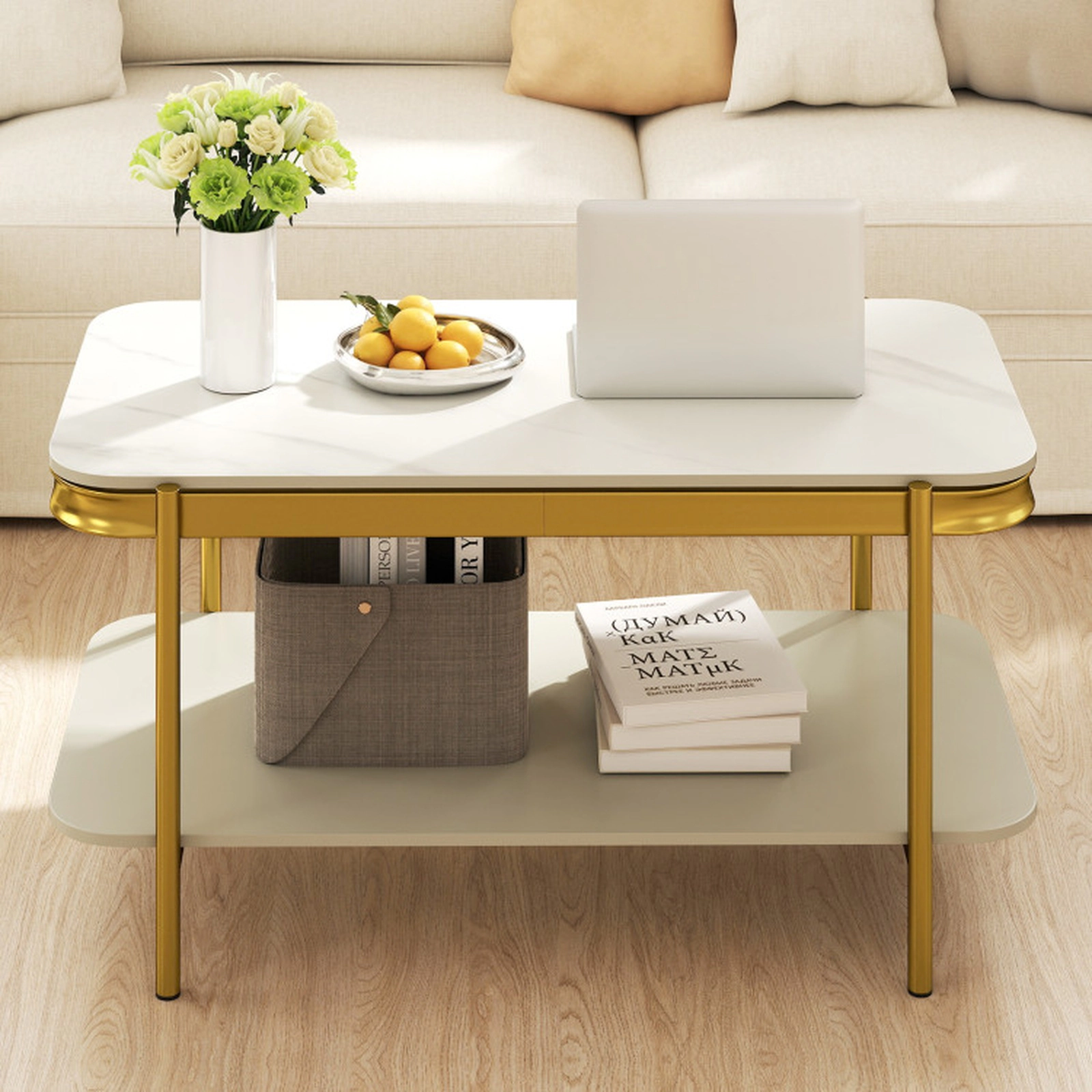 SUGIFT 2-Tier 100-lb Capacity Sintered Stone Top Modern Rectangular Coffee Table with Open Storage Shelf