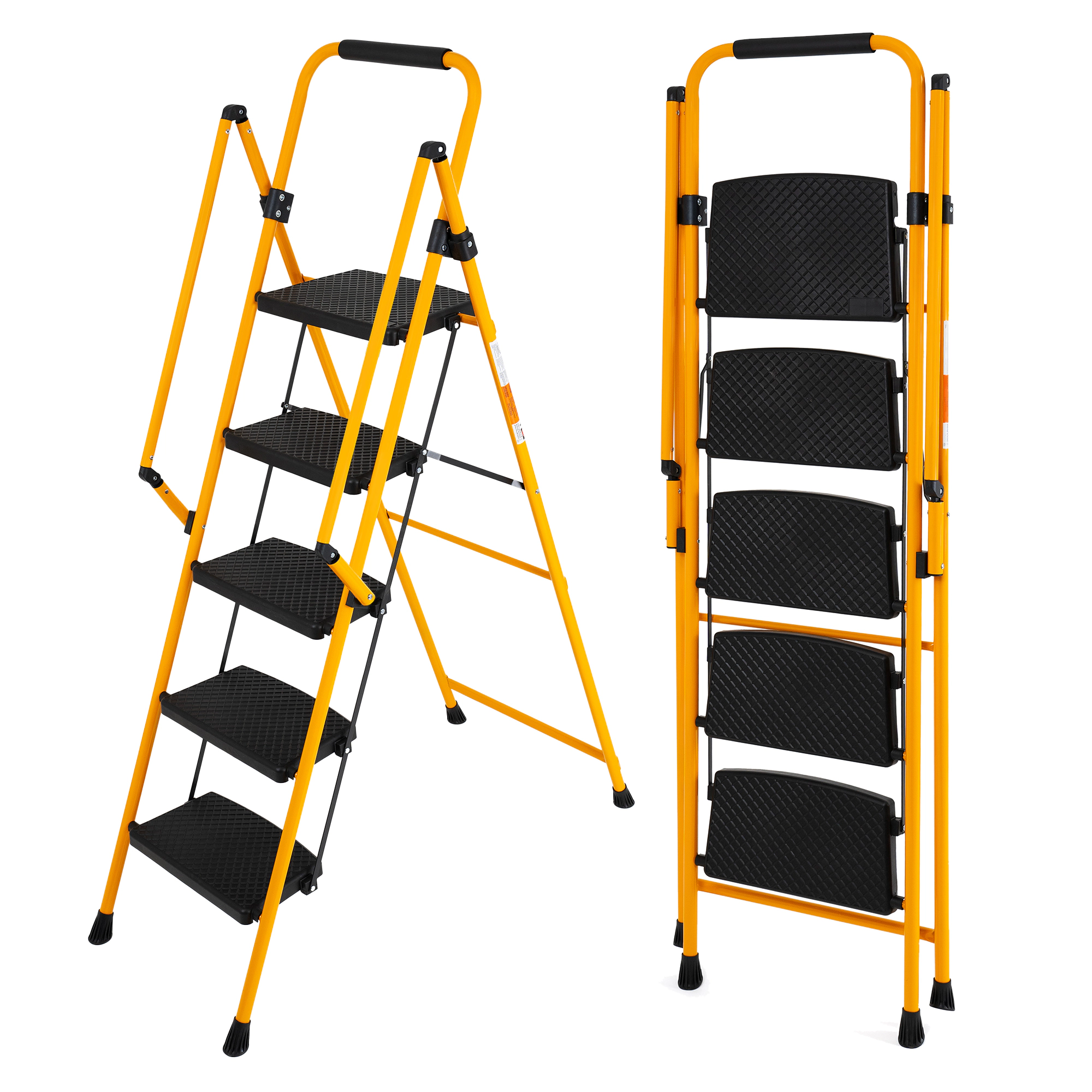 Flynama 5 Step Ladder - 500lb Capacity Steel Foldable Step Stool (Yellow)