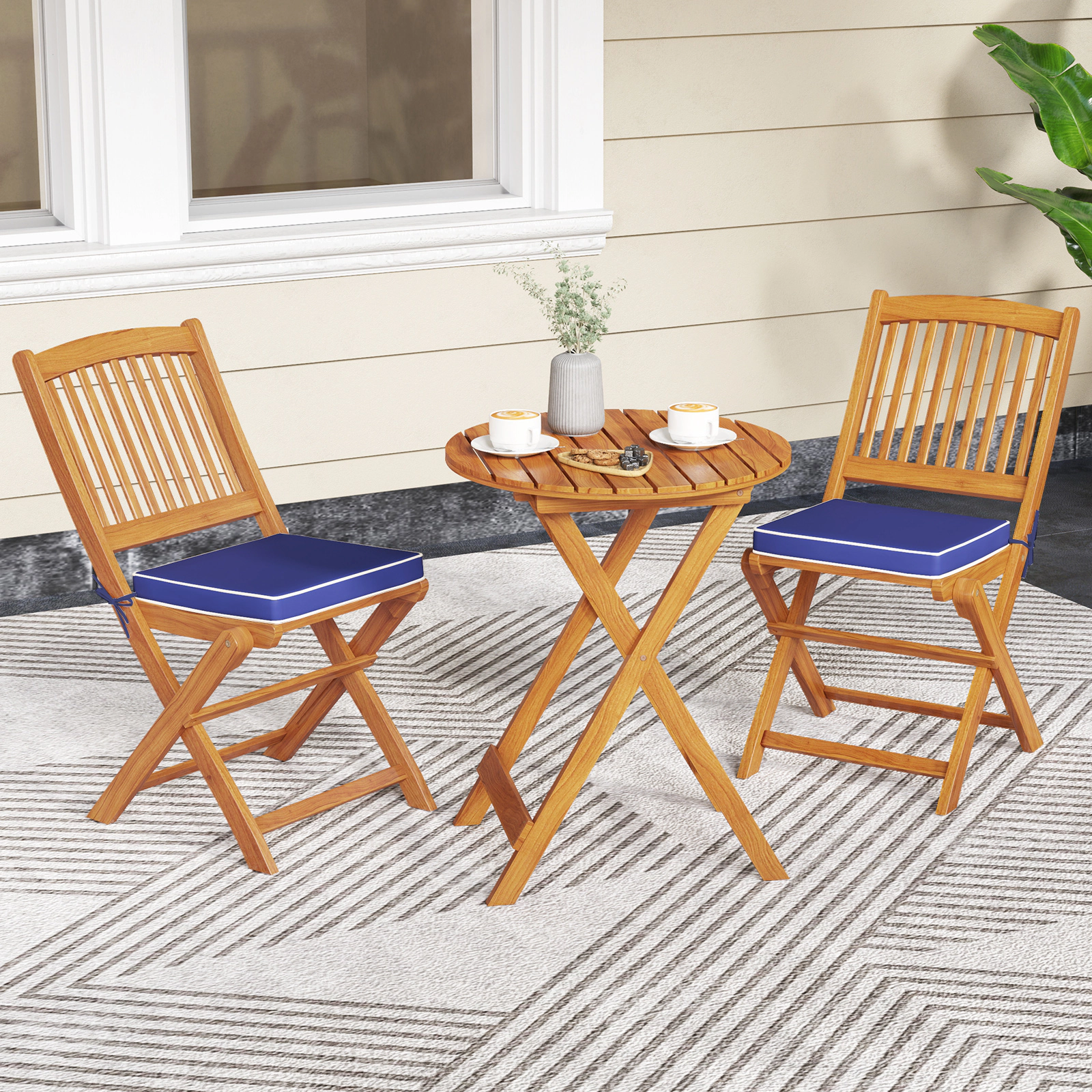 SUGIFT Set of 2 Navy Acacia Wood Folding Patio Dining Chairs with Seat Cushions and Slat Back 18.5-in W 33.5-in H