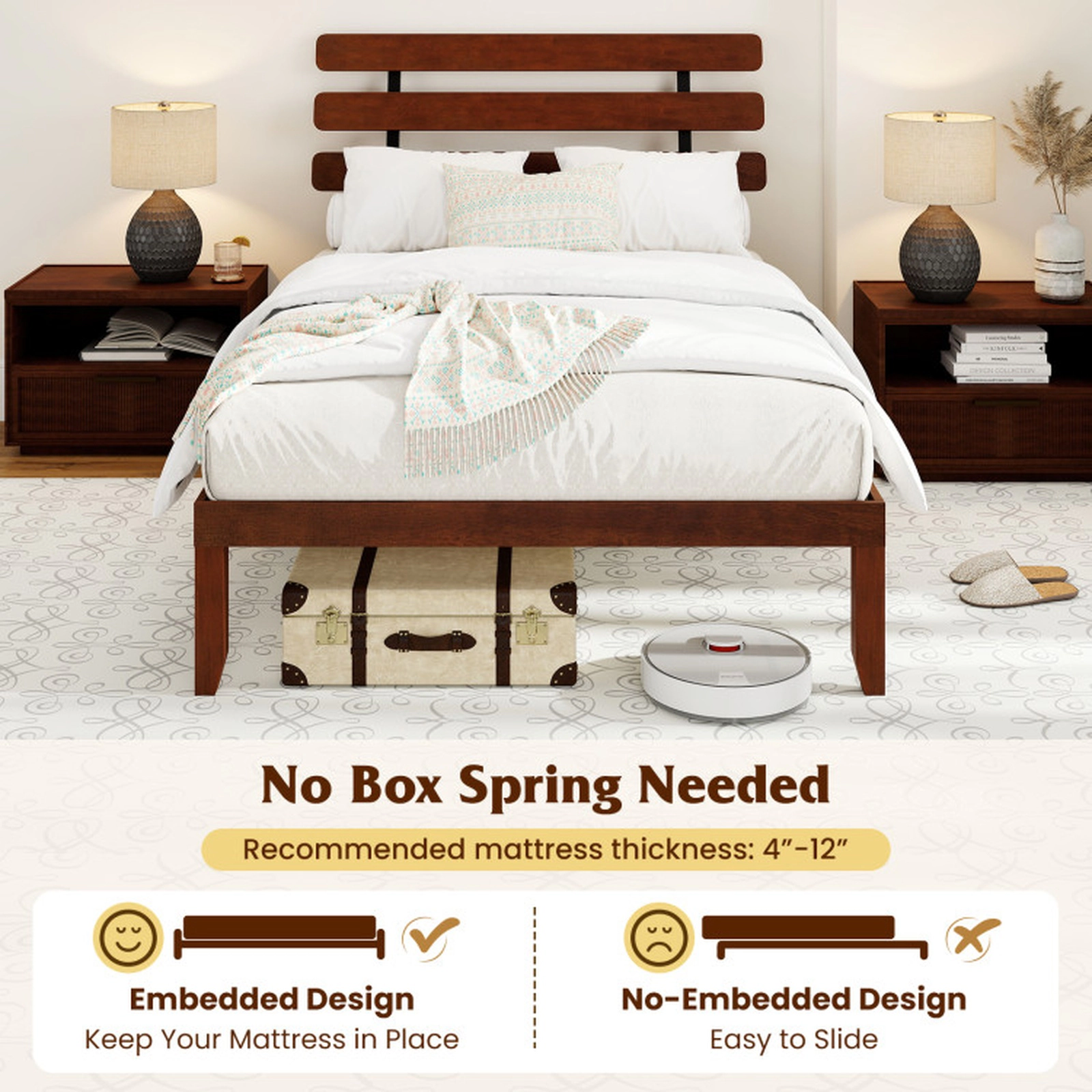 SUGIFT Walnut Retro Slat Headboard and 12 Slats Solid Wood Platform Bed