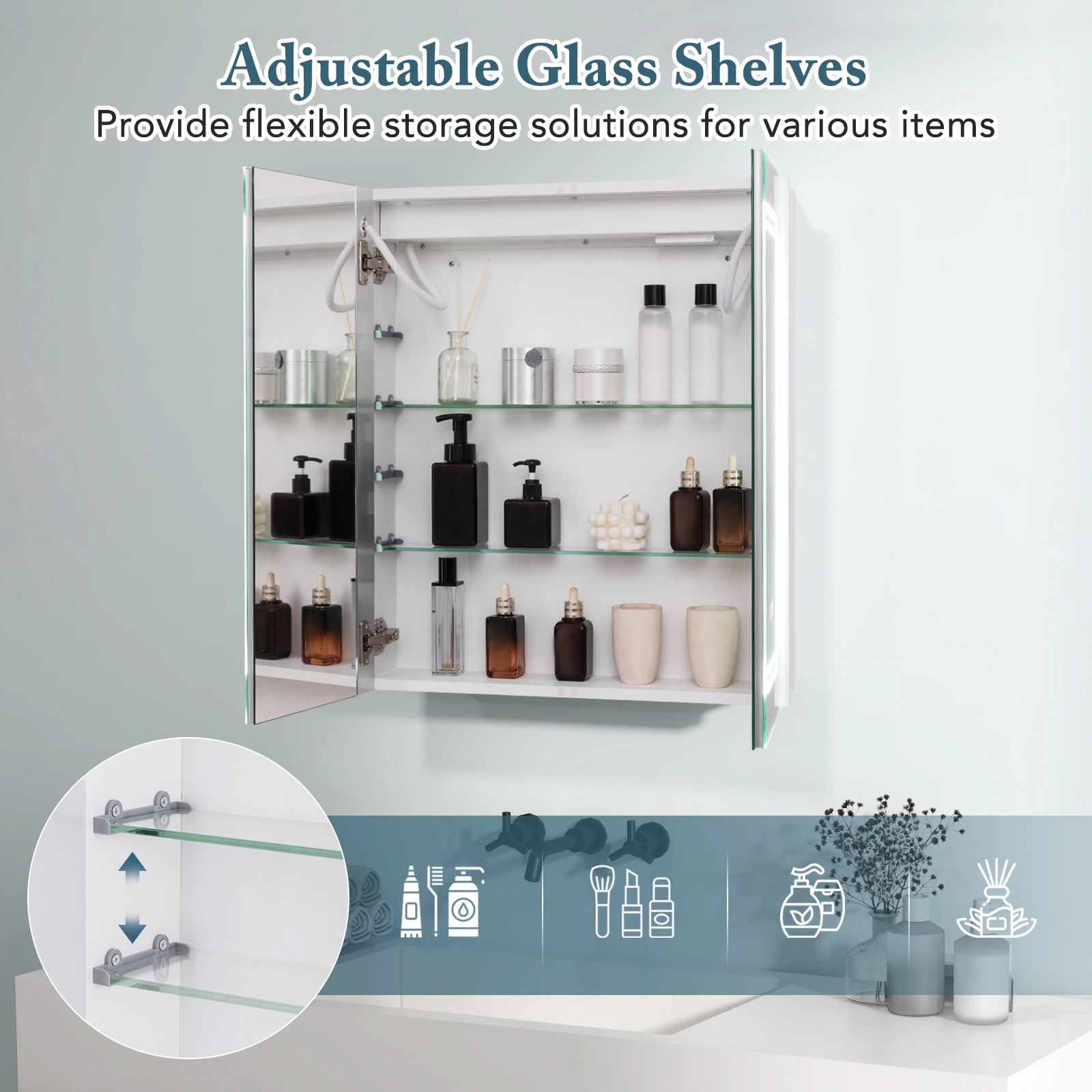 Slickblue LED Bathroom Medicine Cabinet with 2 Mirror Doors and Adjustable Glass Shelves