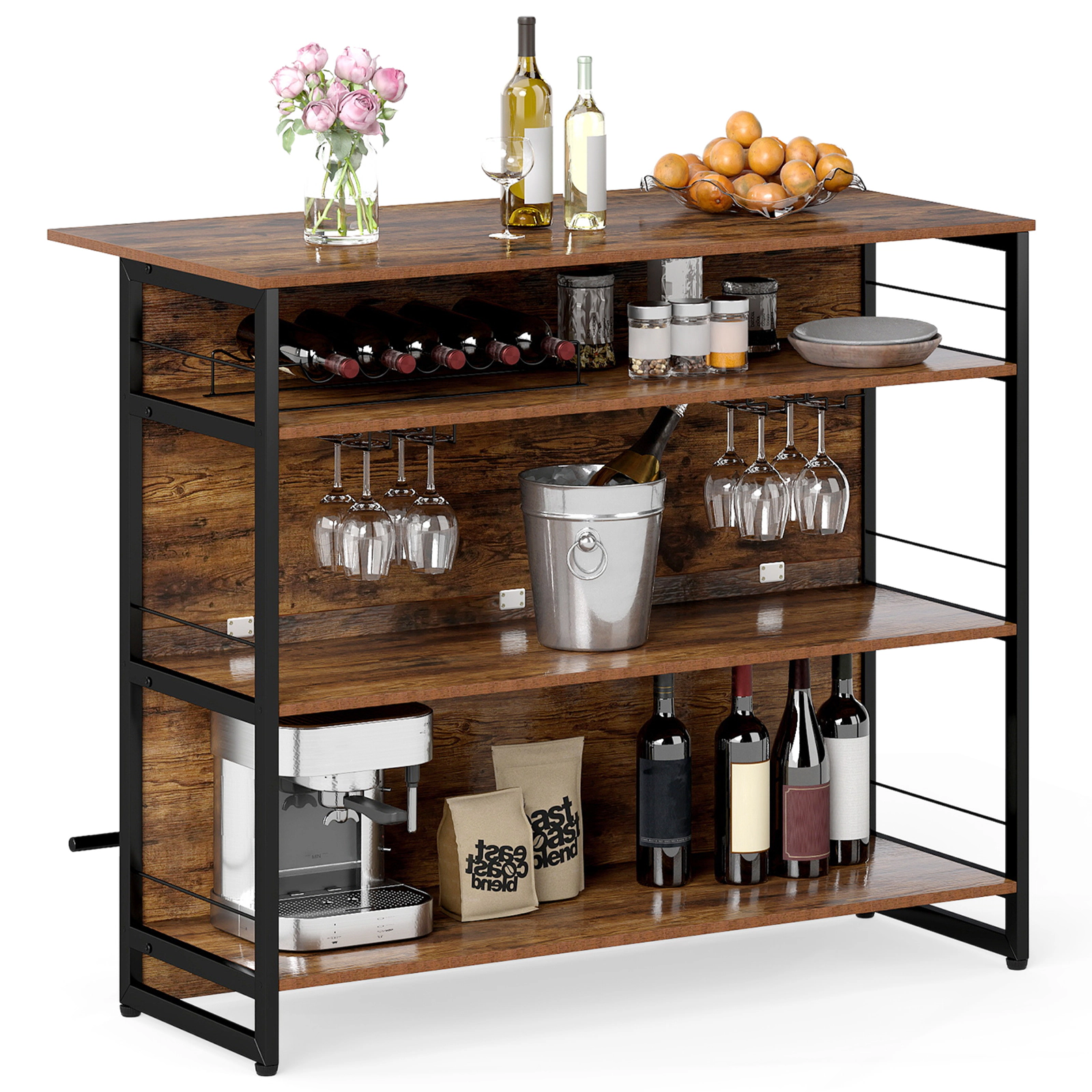 SUGIFT 4-Tier Mini Bar Kitchen Island Coffee with Full-Width Footrest and Wine Rack