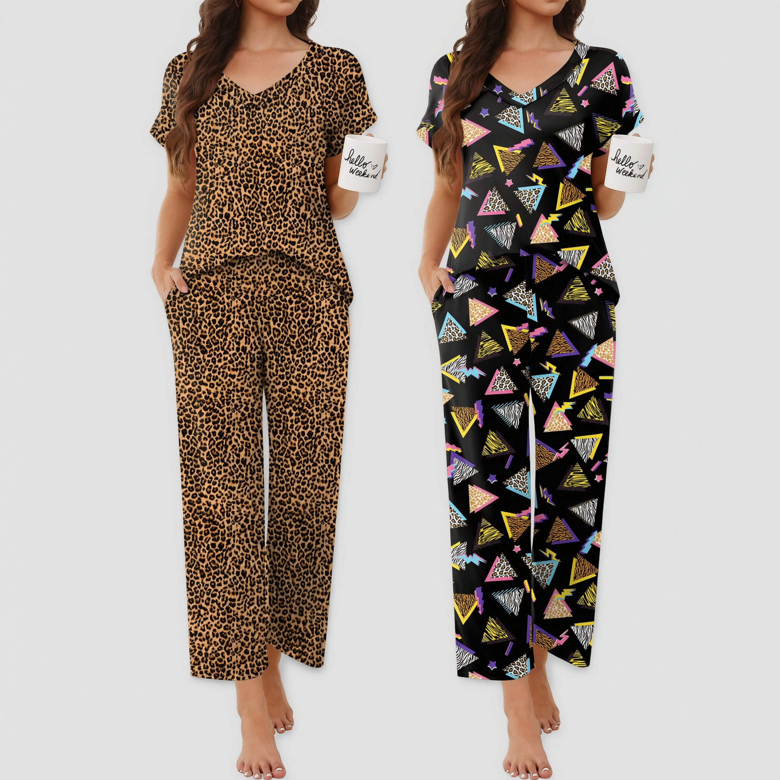 Ekouaer Women's V Neck Short Sleeve Top and Wide Leg Pants Pajama Set