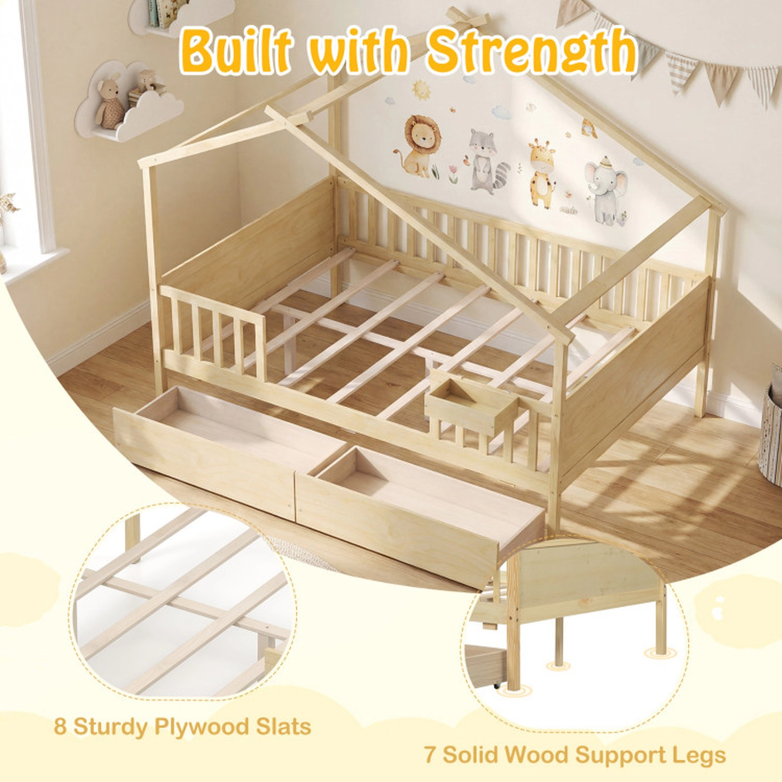 SUGIFT Natural Roof Fence Rails and 2 Drawers Full Size Kids Wooden House Bed