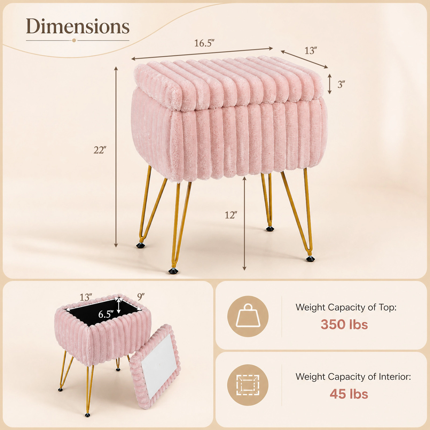LJG Vanity Stool with Storage and Reversible Lid Faux Fur Upholstered Ottoman