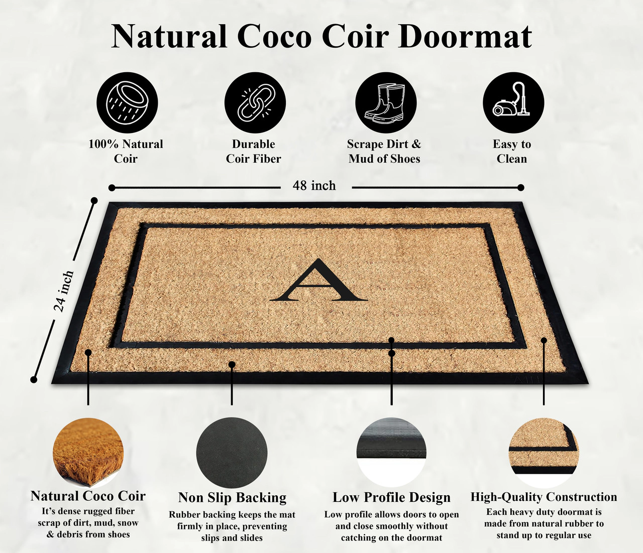 A1 Home Collections 24 x 48 Monogrammed Natural Coir & Rubber Heavy-Duty Front Door Mat Letter E