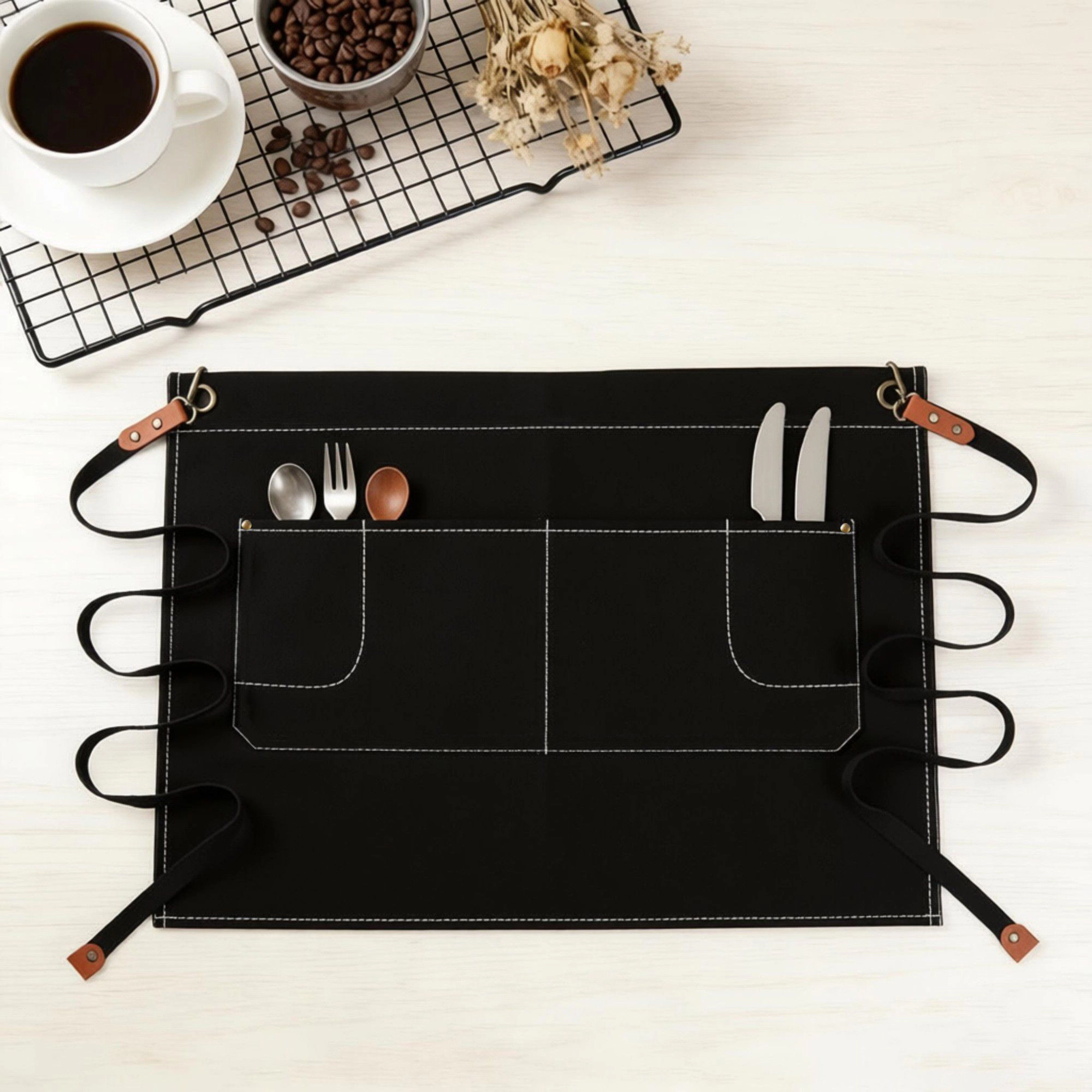 Alilang Women Waist Apron Cotton Work with Multi Pocket Utility Design Adjustable Tie for Cooking Server Barista