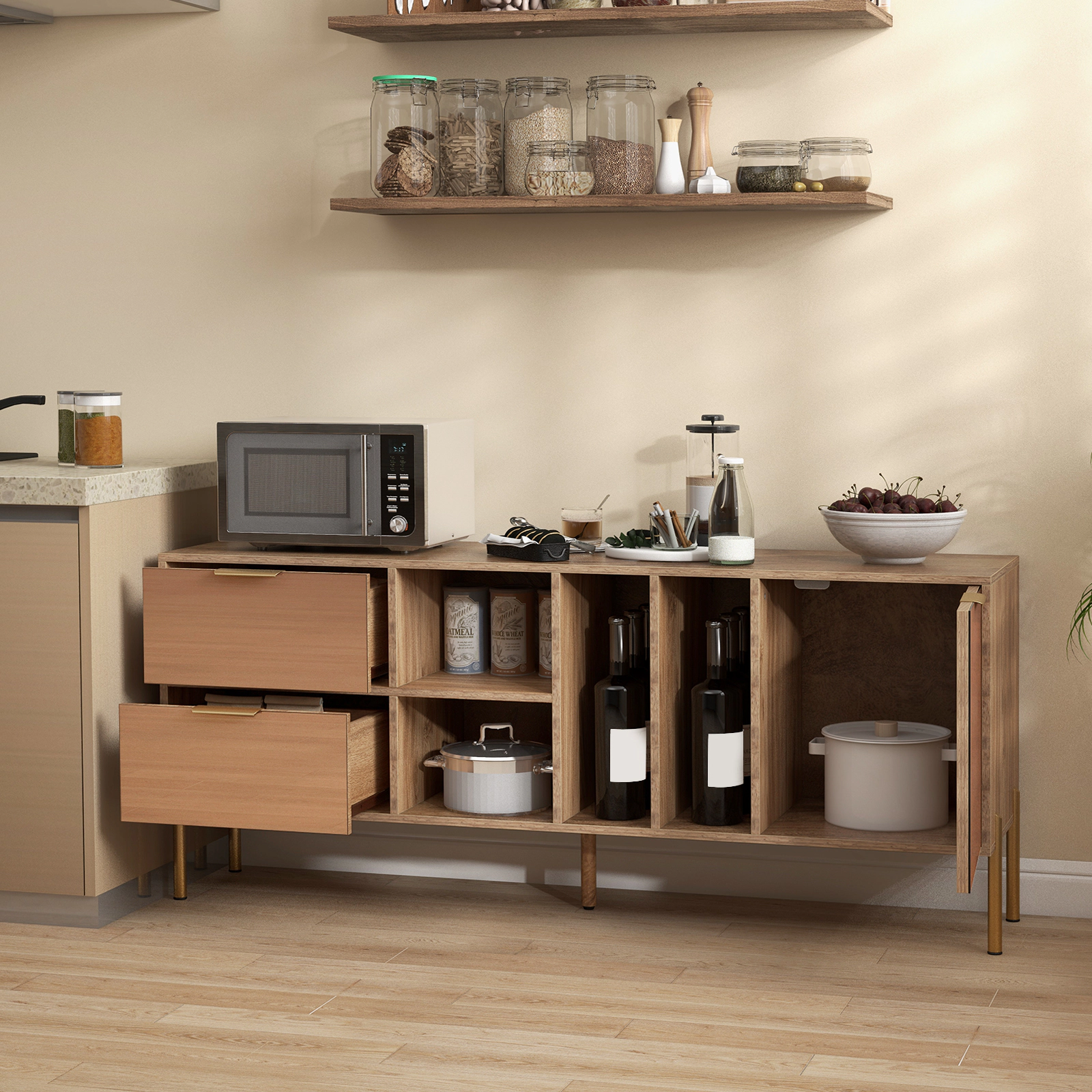 SUGIFT 59-in 180-lb Tabletop Natural Mirrored Buffet Cabinet with 2 Drawers 4 Open Compartments and 1 Door