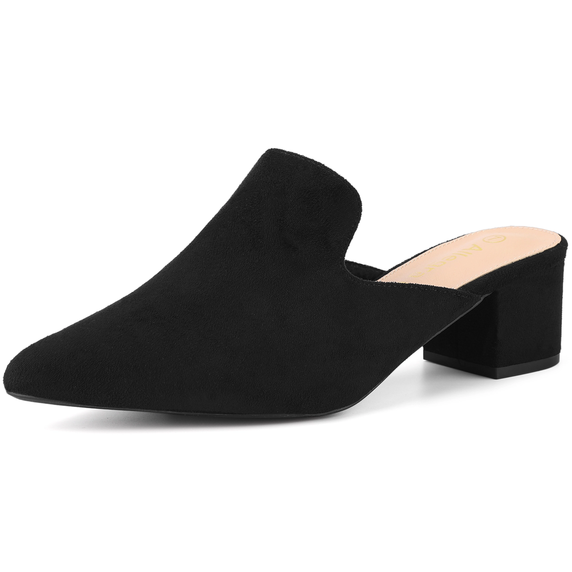 BLISSFUL STEP Women's Faux Suede Slip-on Pointed Toe Chunky Heels Slide Mules