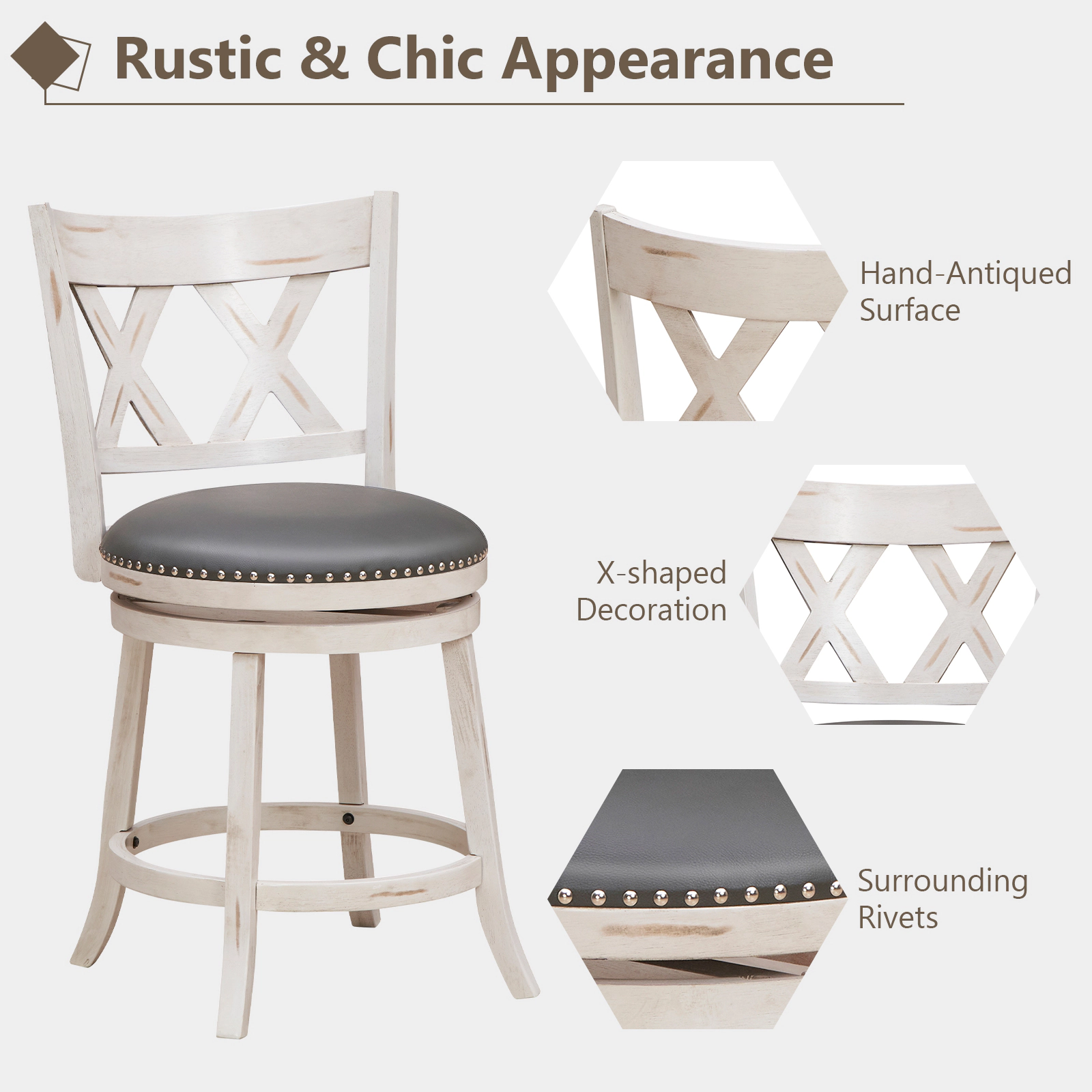 SUGIFT 25.5-In Swivel Hand-Antiqued Counter Stool Set of 2 300-Lb Capacity & Wider 20-In Padded Seat Antique White +