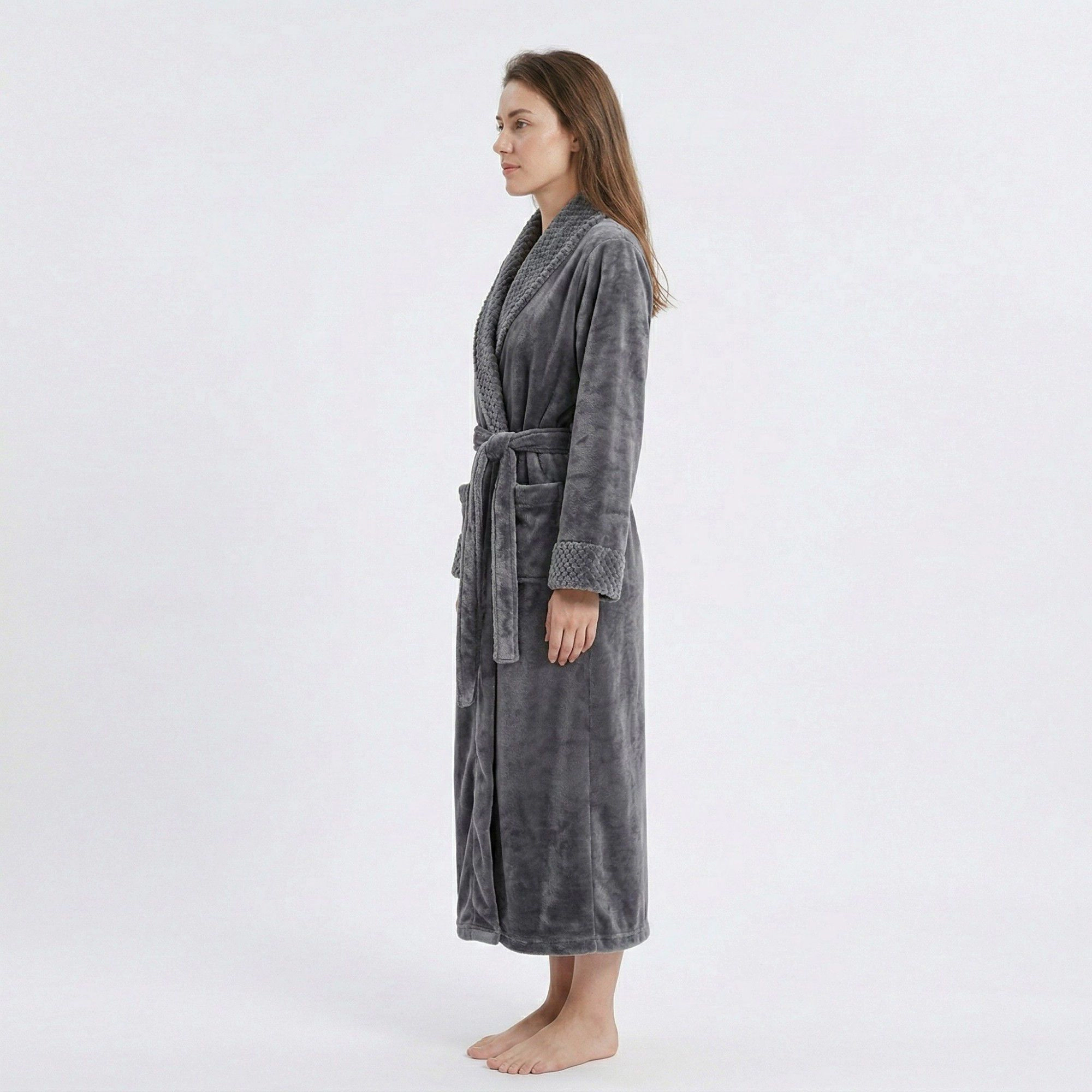 Anna-Kaci Women's Plush Long Sleeve Shawl Collar Bathrobe with Waist Tie Belt and Front Patch Pockets