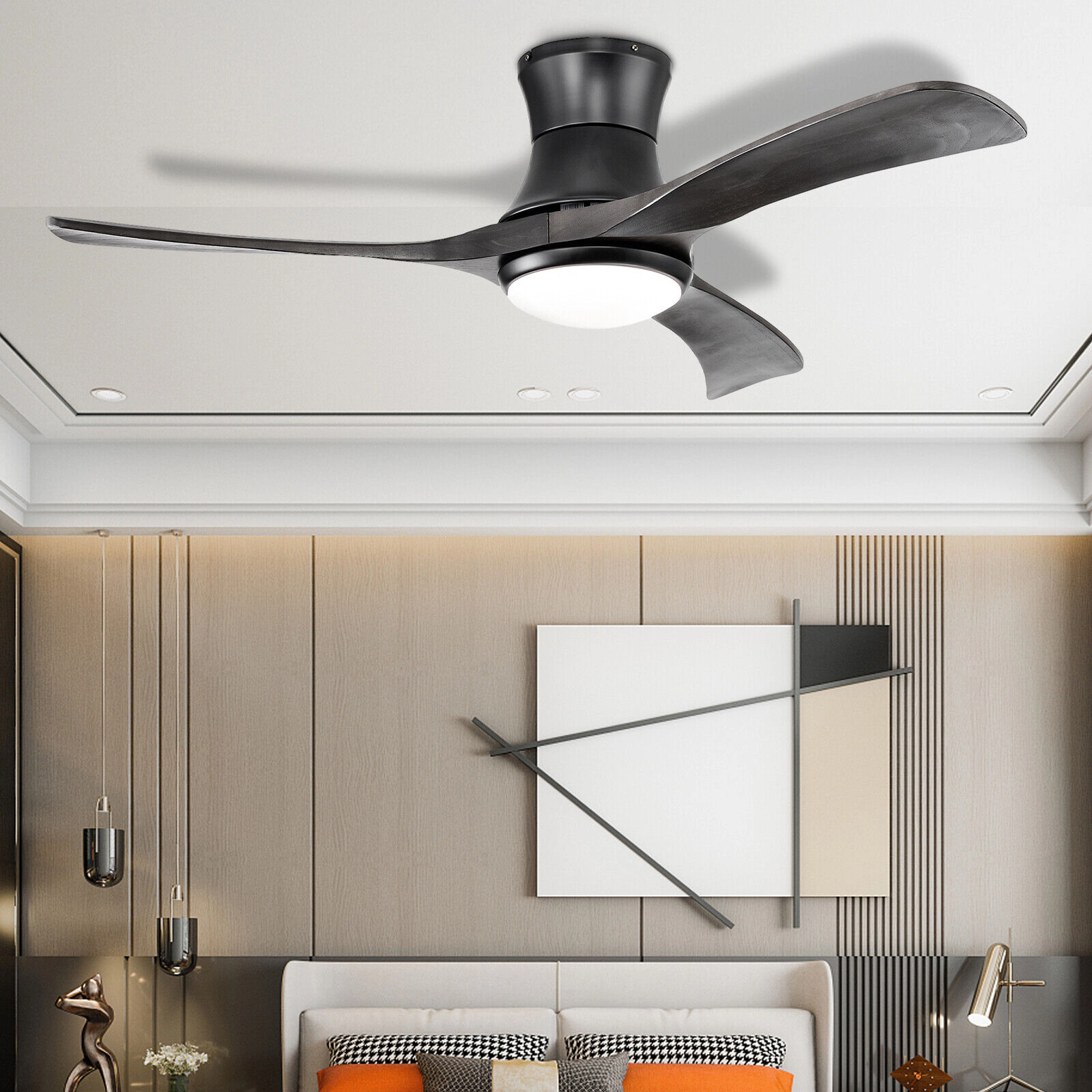 SUGIFT 52-Inch Black Flush-Mount Ceiling Fan, 3 Blades, 6 Speeds, 22W LED Light and Remote