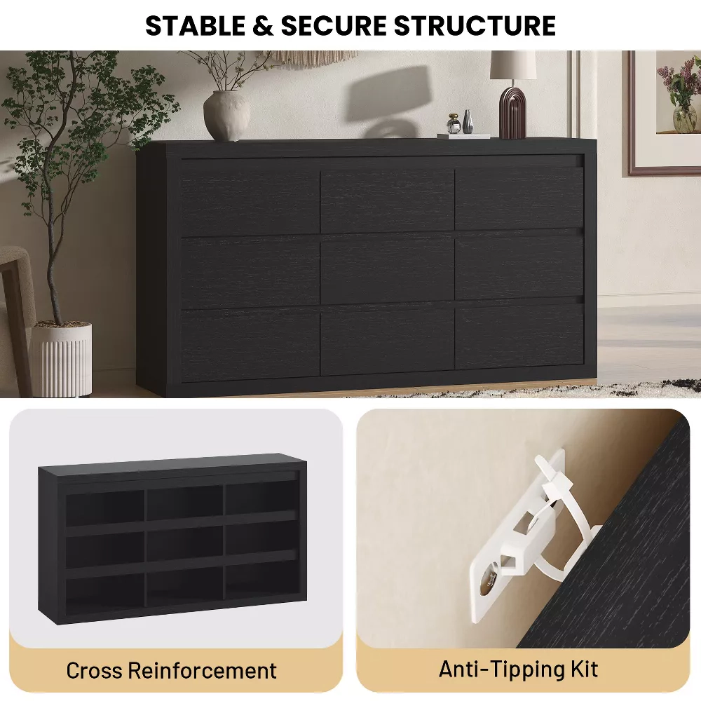 9 Drawer Modern Wooden Dresser with Handleless Design, Wide Storage Chest for Bedroom Living Room Entryway