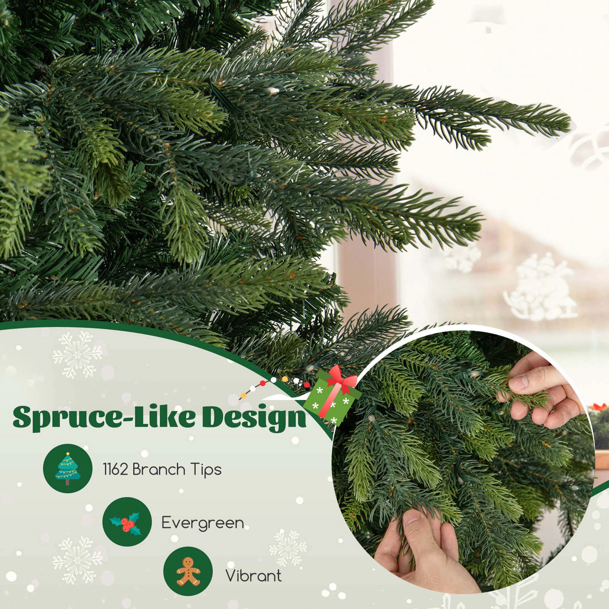 Costway 6/7.5/9 FT Artificial Christmas Tree with 714/1162/1770 Branch Tips 260/380/560 LED Lights 3 Timers Remote