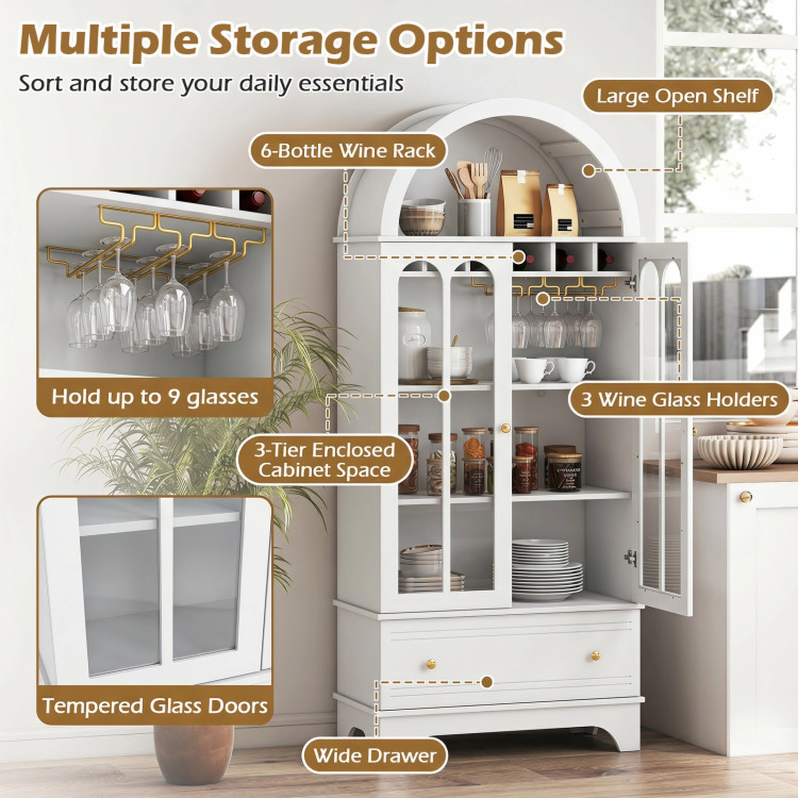 SUGIFT 5-Tier Arched Glass Doors 6-Bottle Rack 9 Stemware Holders Wine Cabinet 30.5-in x 16-in x 71.5-in White