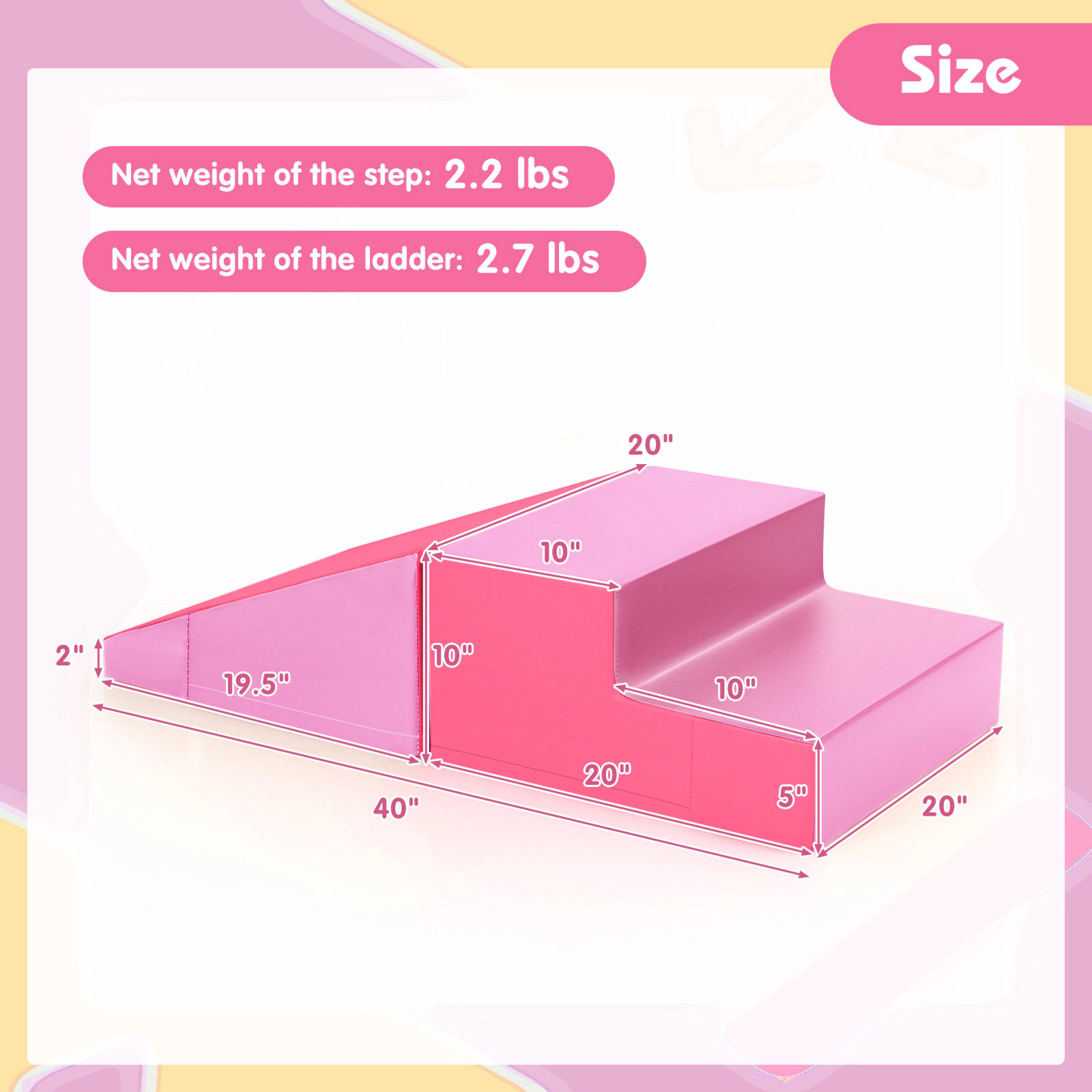 2-Piece Step and Slide Baby Climber Soft Play Foam Block Set Waterproof Removable PU Leather Cover Pink