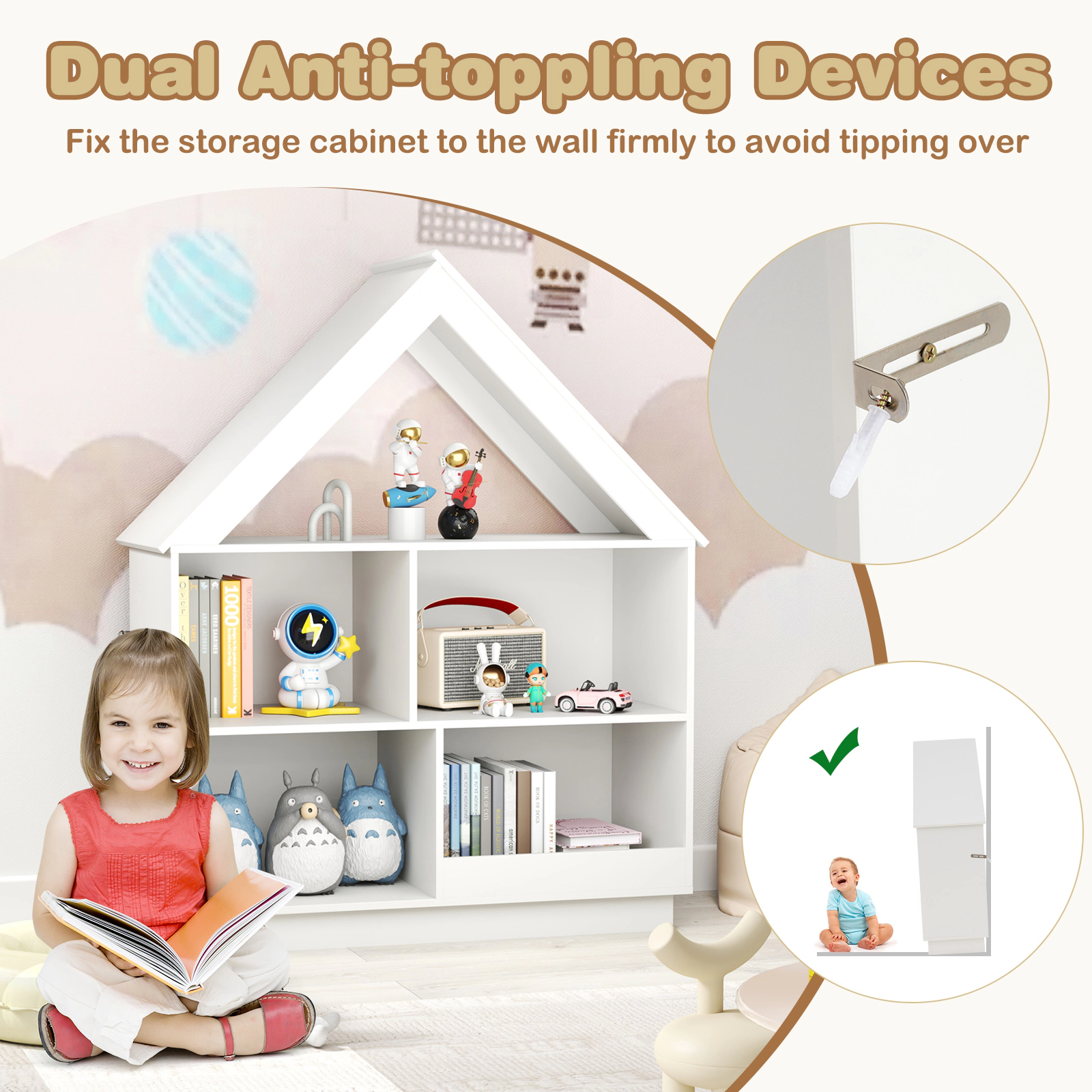 SUGIFT 3-Tier House-Shaped Toy Storage Organizer Dollhouse Bookshelf 240-lb Capacity Natural/White