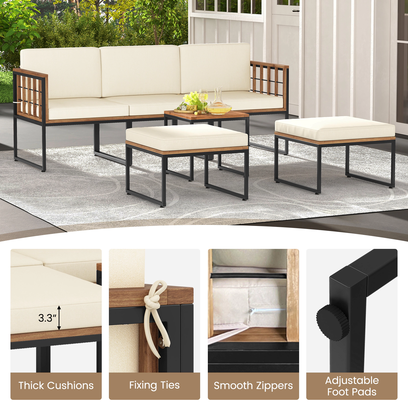 SUGIFT 6-Piece Beige Acacia Wood Patio Sectional Set with Ottomans and Coffee Table