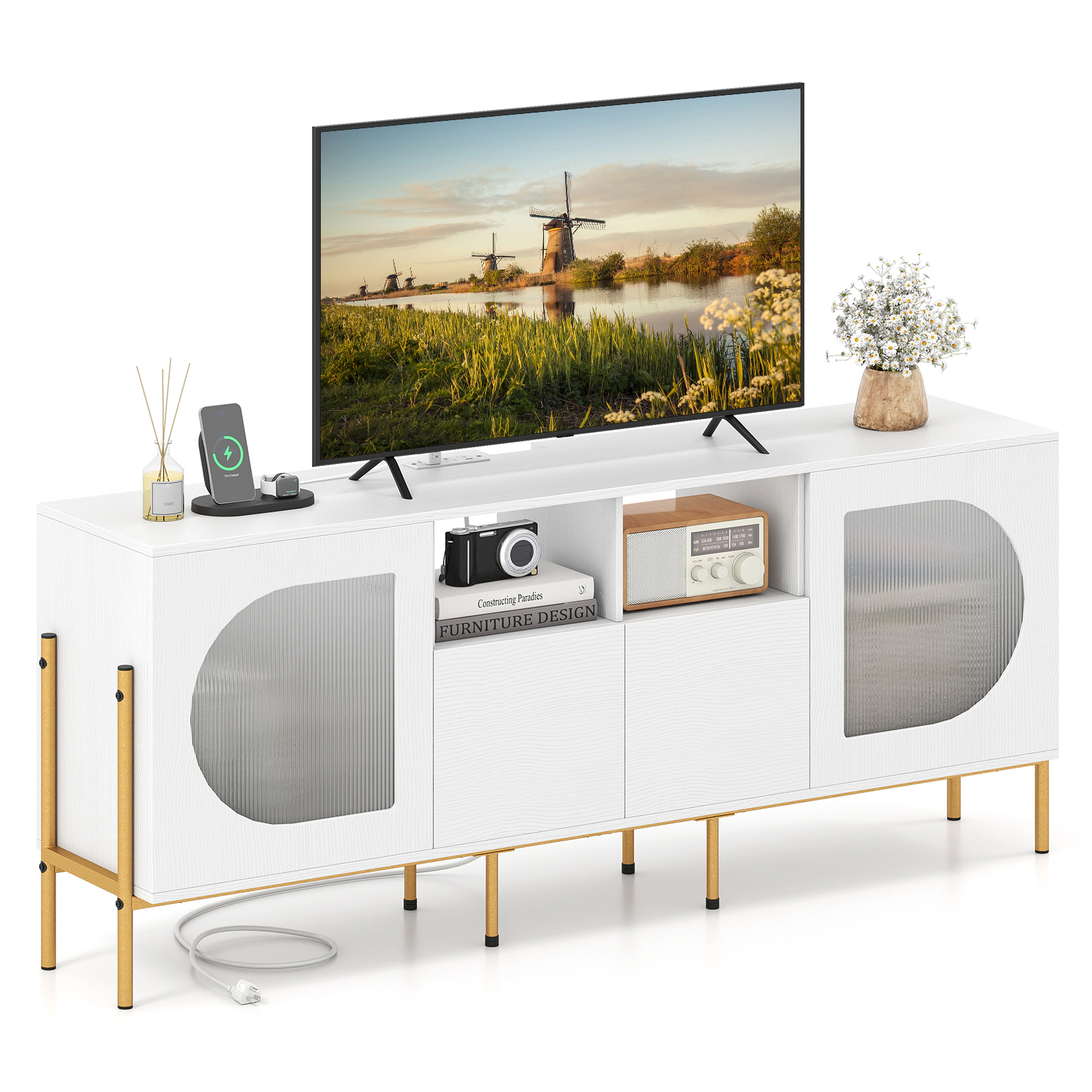 SUGIFT 65-in TV Stand for 70-in TV with Power Outlets Drawers and Open Shelves 135-lb Countertop White