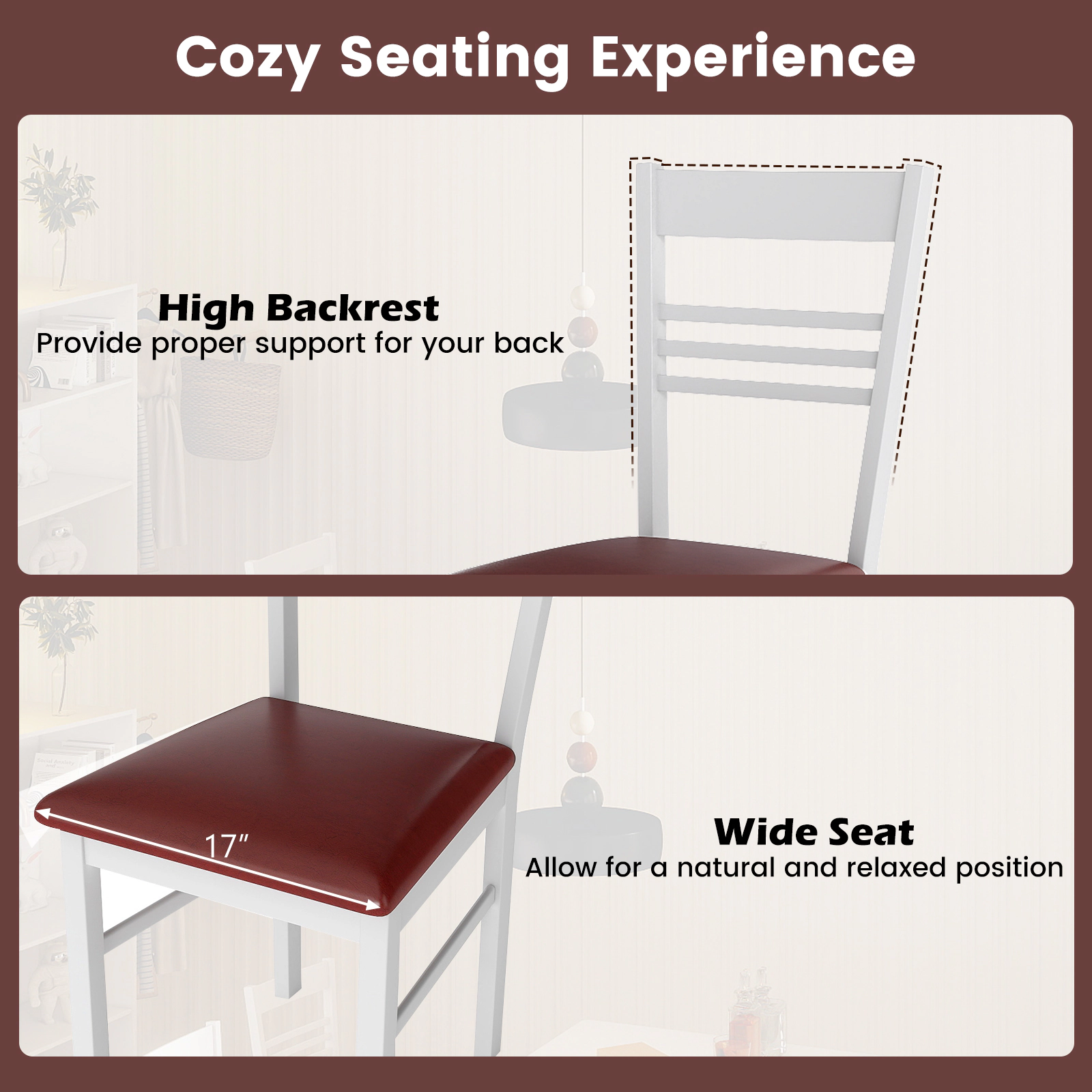 SUGIFT High-Back Rubber Wood Dining Chairs Set of 4 with Upholstered Seat 330-Lb Capacity White Frame Brown Seat